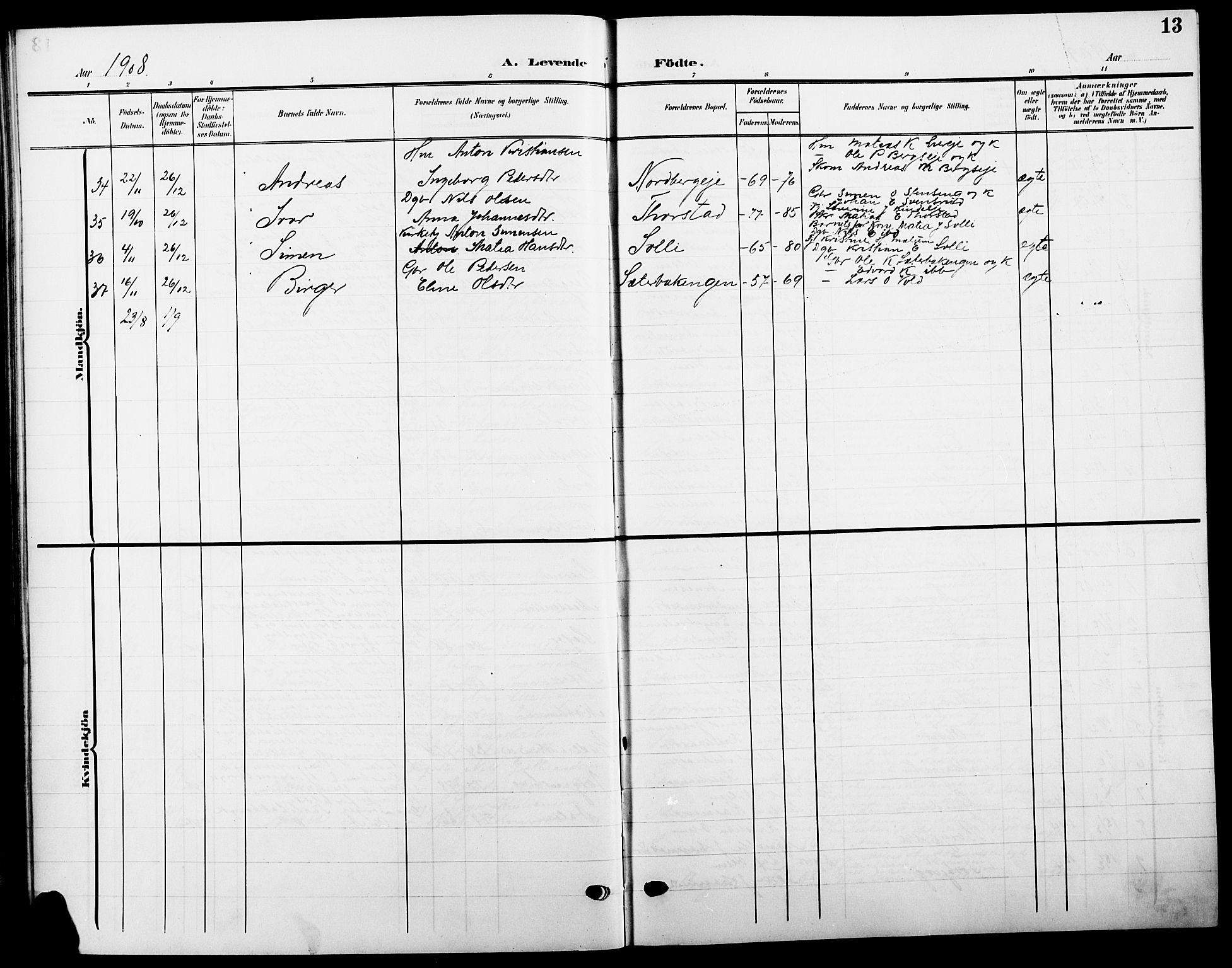 Ringsaker prestekontor, SAH/PREST-014/L/La/L0016: Parish register (copy) no. 16, 1905-1920, p. 13