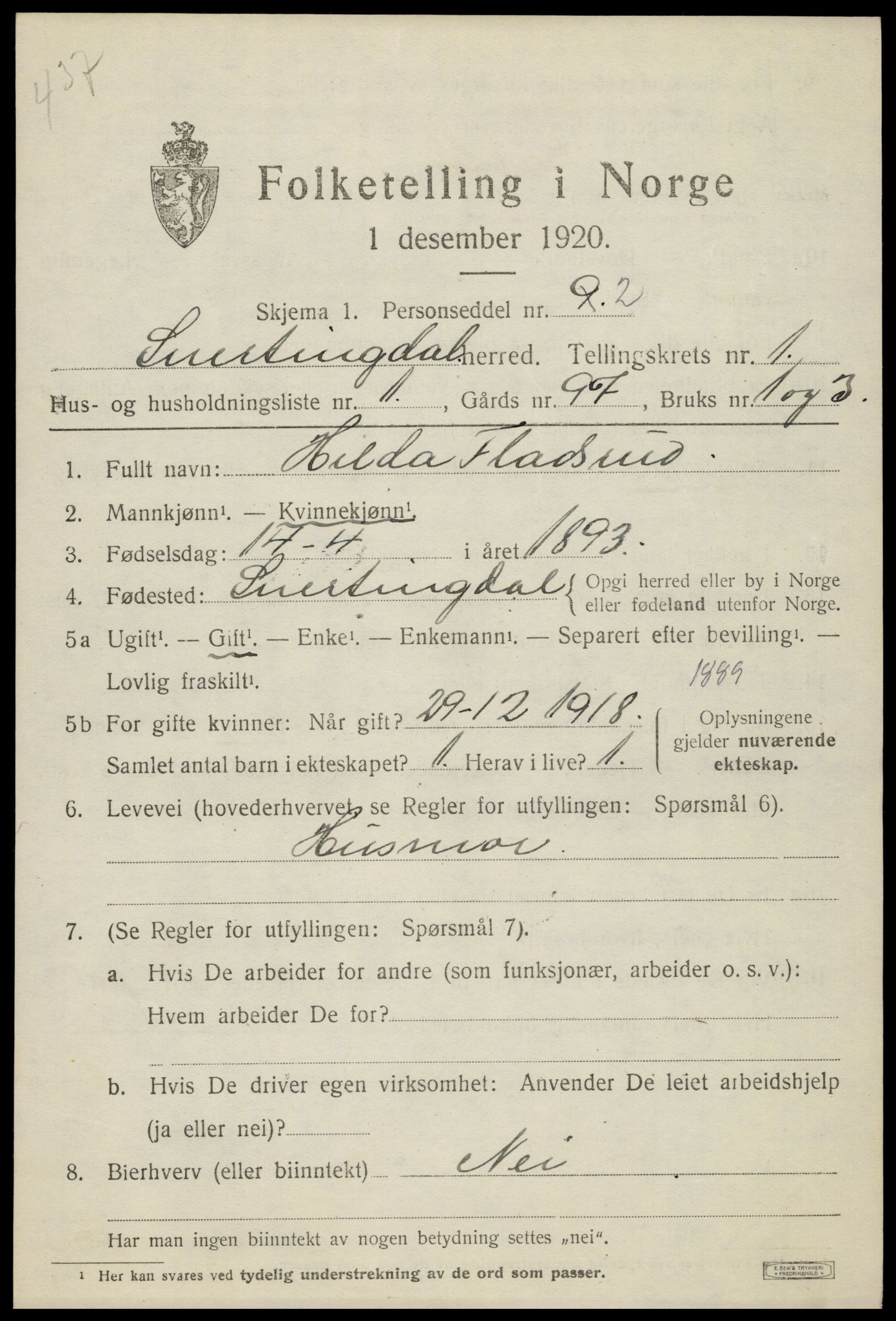 SAH, 1920 census for Snertingdal, 1920, p. 759