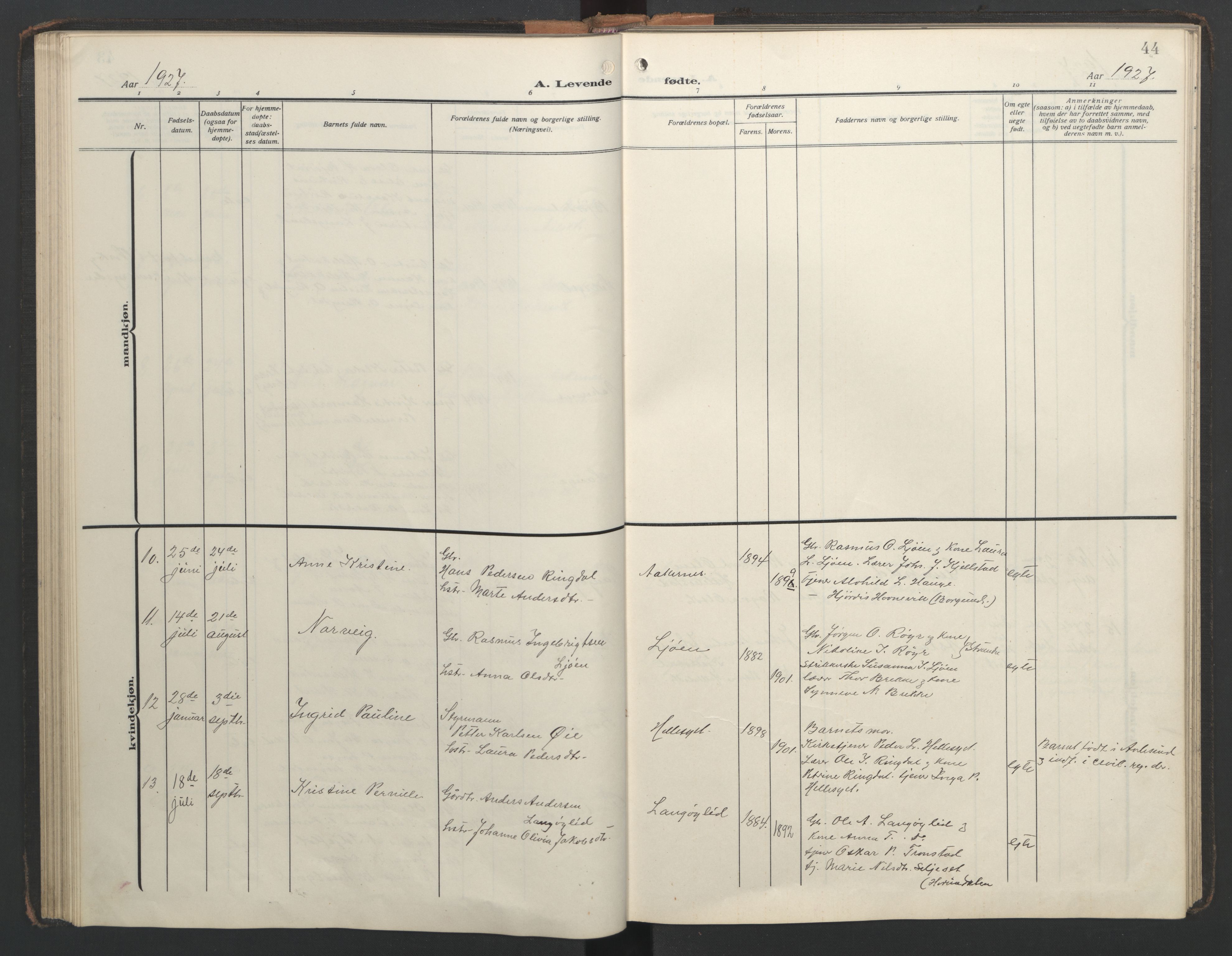 Ministerialprotokoller, klokkerbøker og fødselsregistre - Møre og Romsdal, AV/SAT-A-1454/517/L0232: Parish register (copy) no. 517C05, 1910-1946, p. 44