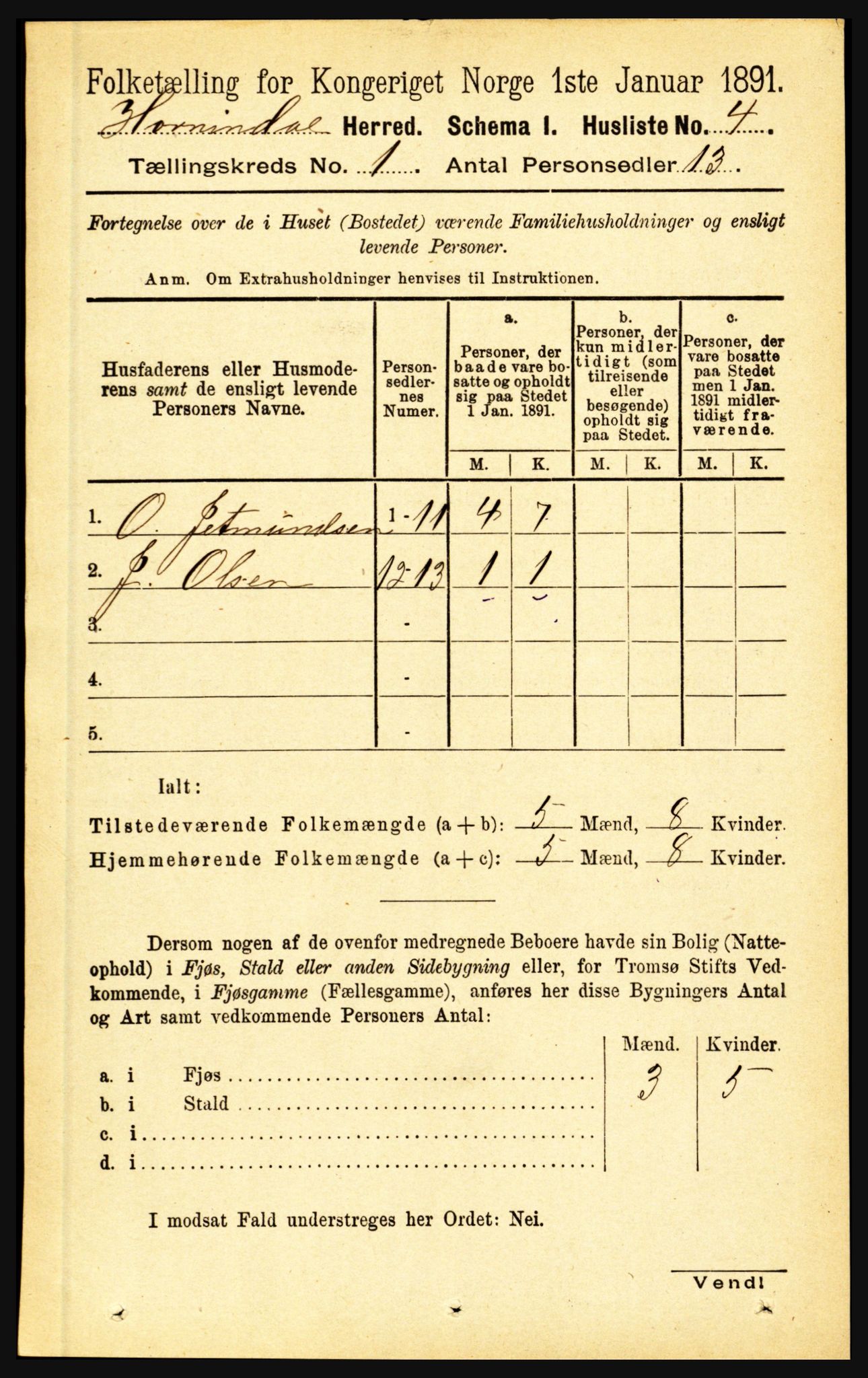 RA, 1891 census for 1444 Hornindal, 1891, p. 27