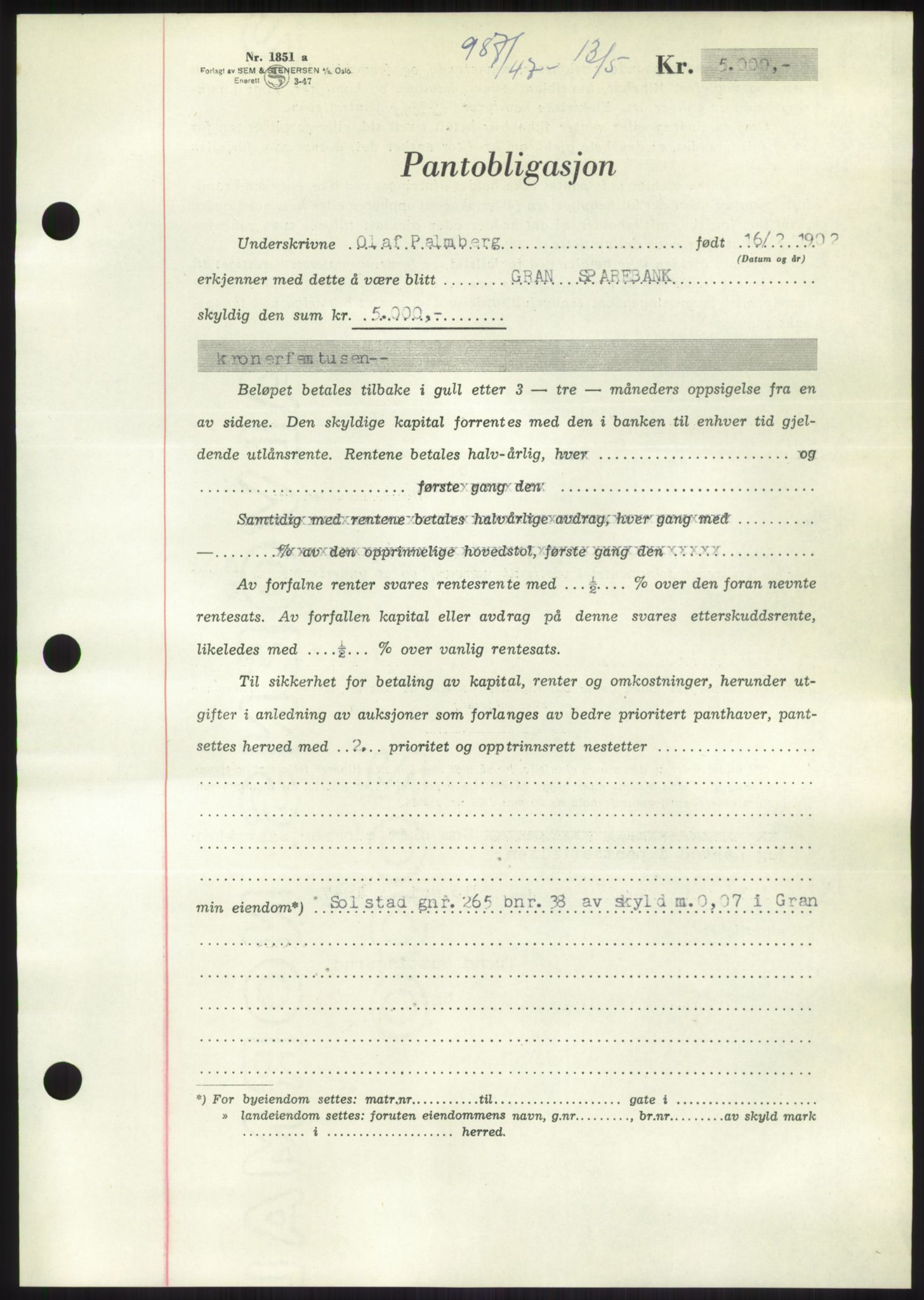 Hadeland og Land tingrett, AV/SAH-TING-010/H/Hb/Hbc/L0012: Mortgage book no. B12, 1947-1947, Diary no: : 987/1947