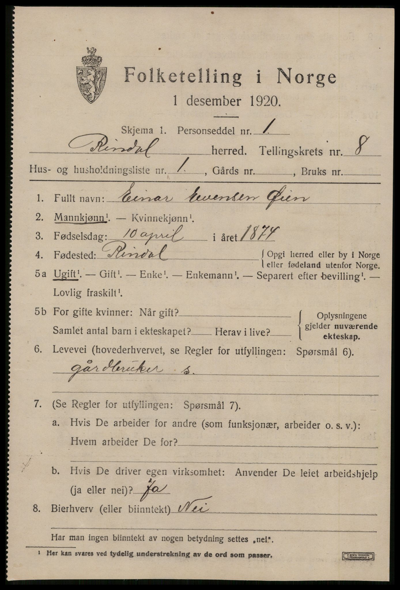 SAT, 1920 census for Rindal, 1920, p. 3944