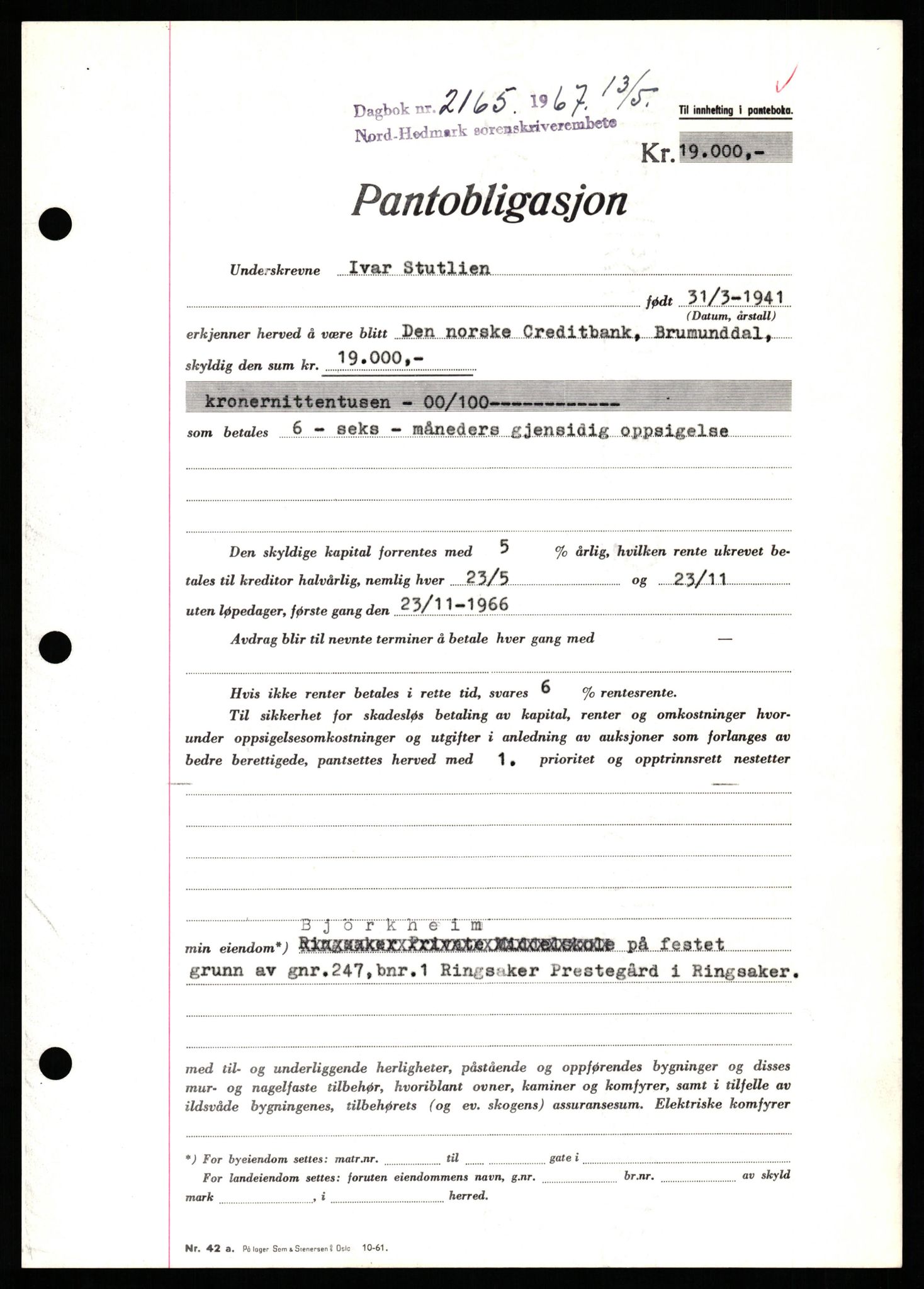 Nord-Hedmark sorenskriveri, SAH/TING-012/H/Hb/Hbf/L0071: Mortgage book no. B71, 1967-1967, Diary no: : 2165/1967