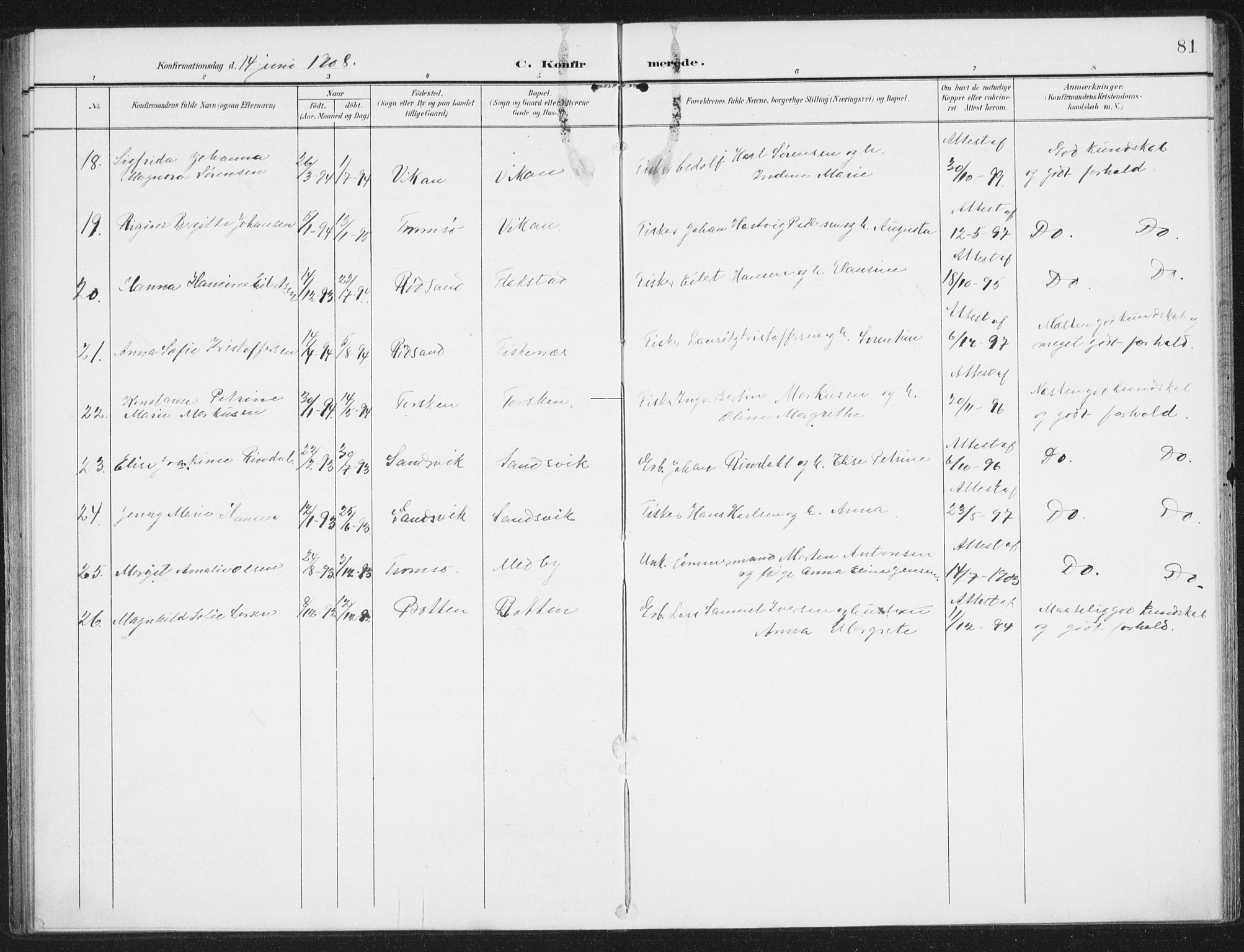 Berg sokneprestkontor, AV/SATØ-S-1318/G/Ga/Gaa/L0008kirke: Parish register (official) no. 8, 1904-1916, p. 81