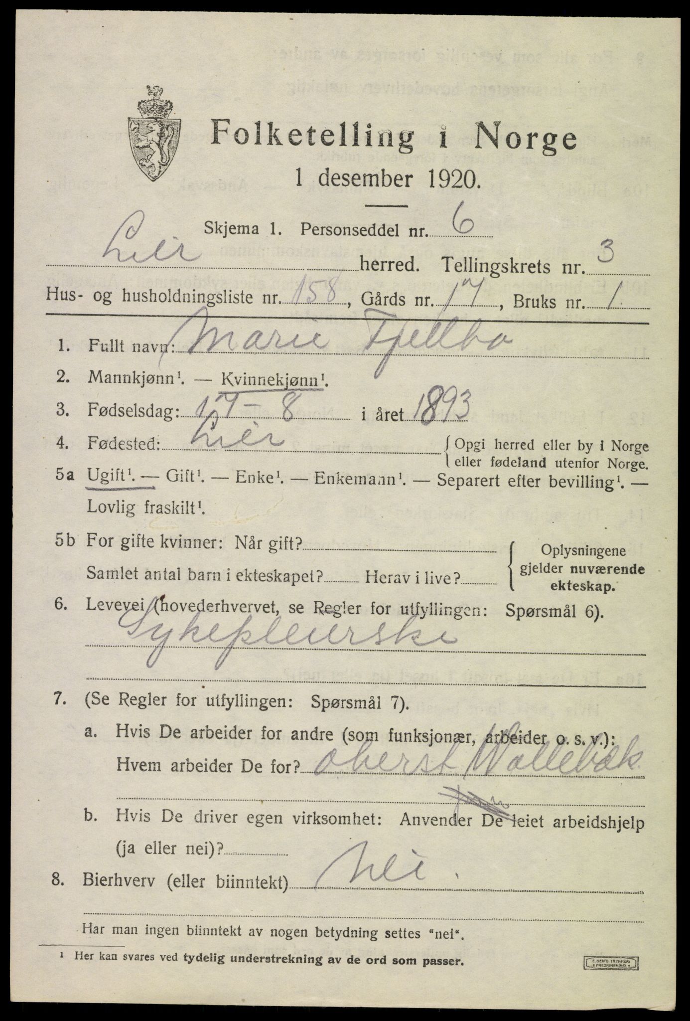 SAKO, 1920 census for Lier, 1920, p. 9670