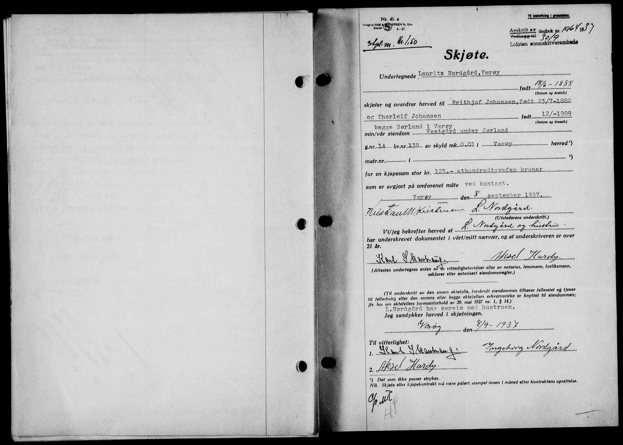 Lofoten sorenskriveri, SAT/A-0017/1/2/2C/L0002a: Mortgage book no. 2a, 1937-1937, Diary no: : 1964/1937
