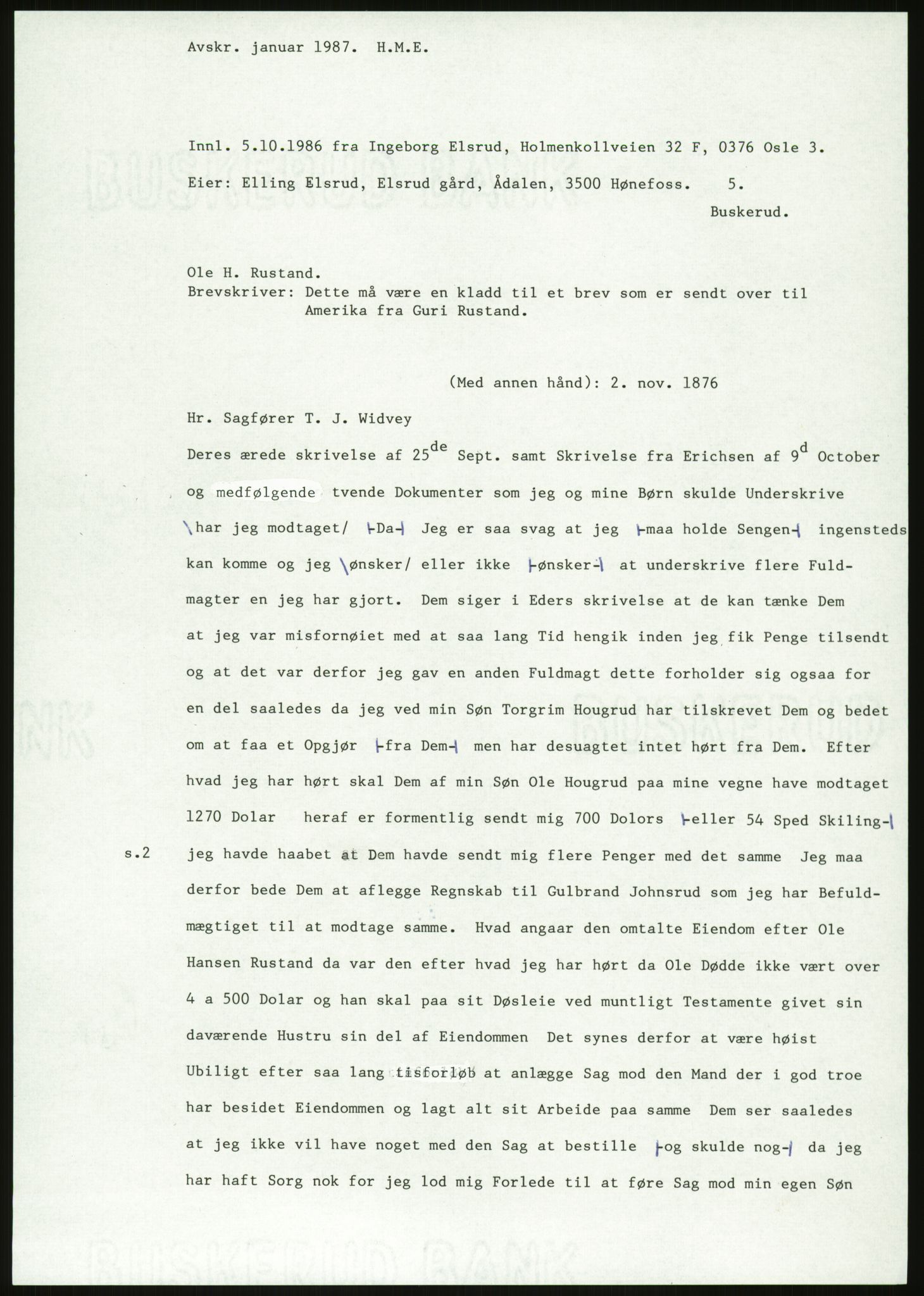 Samlinger til kildeutgivelse, Amerikabrevene, AV/RA-EA-4057/F/L0018: Innlån fra Buskerud: Elsrud, 1838-1914, p. 1201