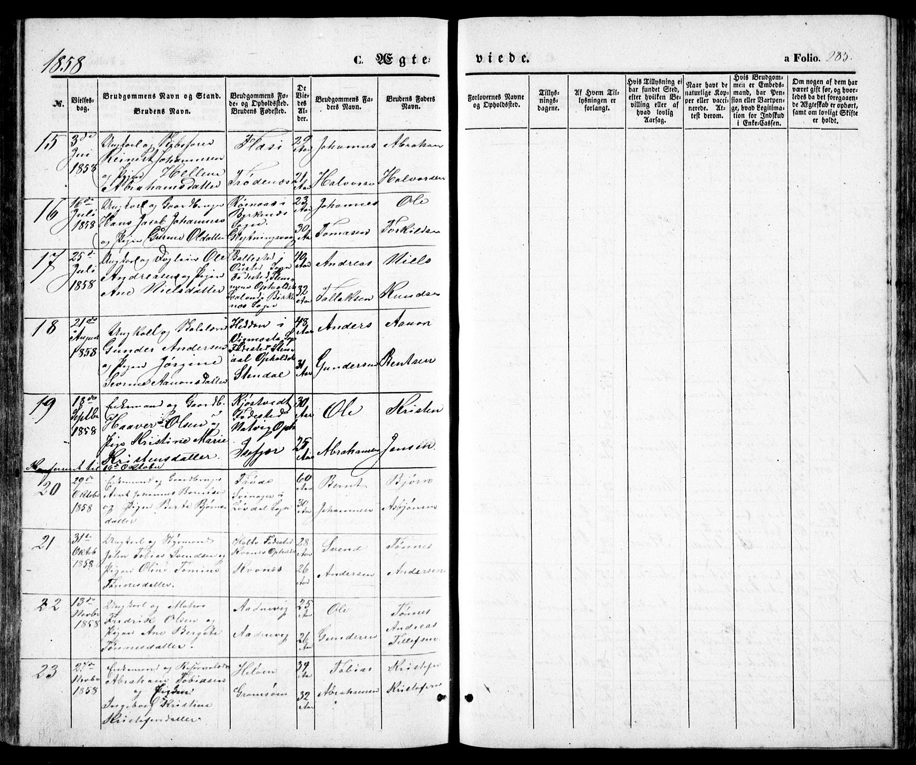 Høvåg sokneprestkontor, SAK/1111-0025/F/Fb/L0002: Parish register (copy) no. B 2, 1847-1869, p. 285
