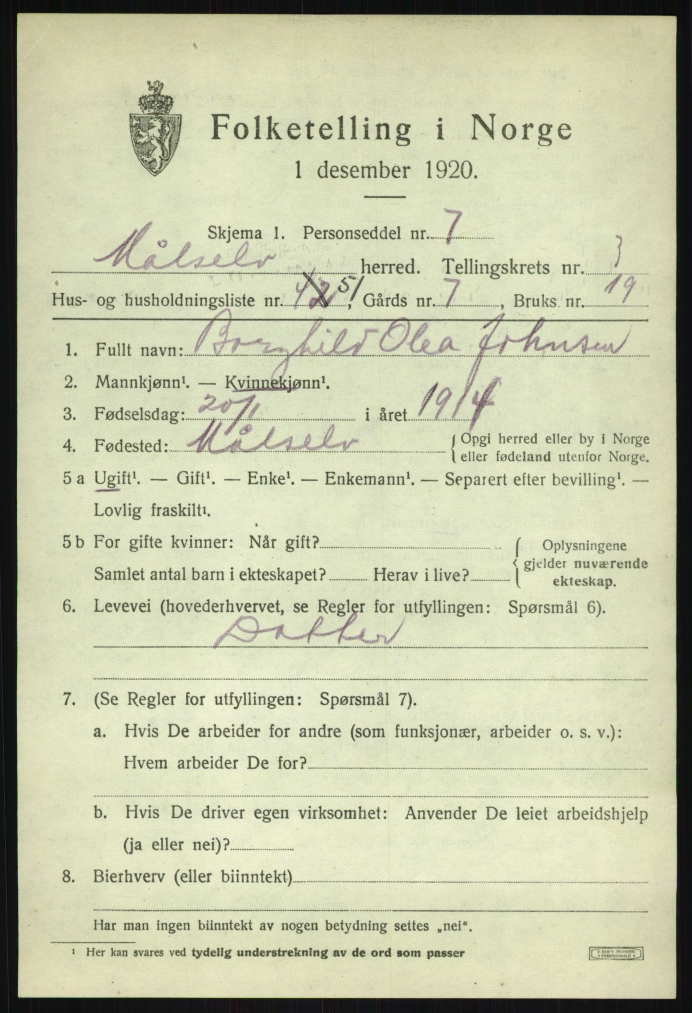 SATØ, 1920 census for Målselv, 1920, p. 2803