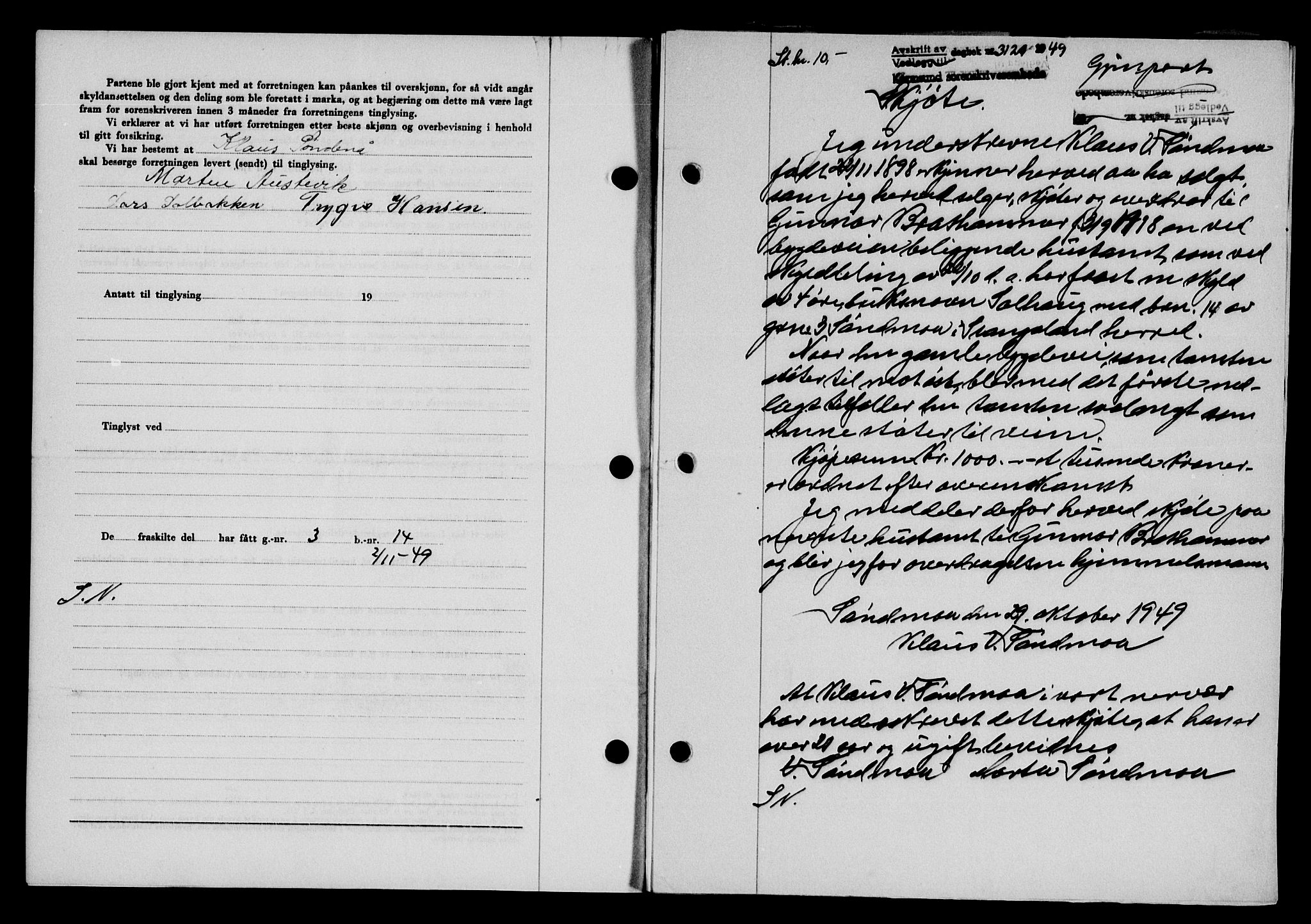 Karmsund sorenskriveri, SAST/A-100311/01/II/IIB/L0098: Mortgage book no. 78A, 1949-1950, Diary no: : 3121/1949