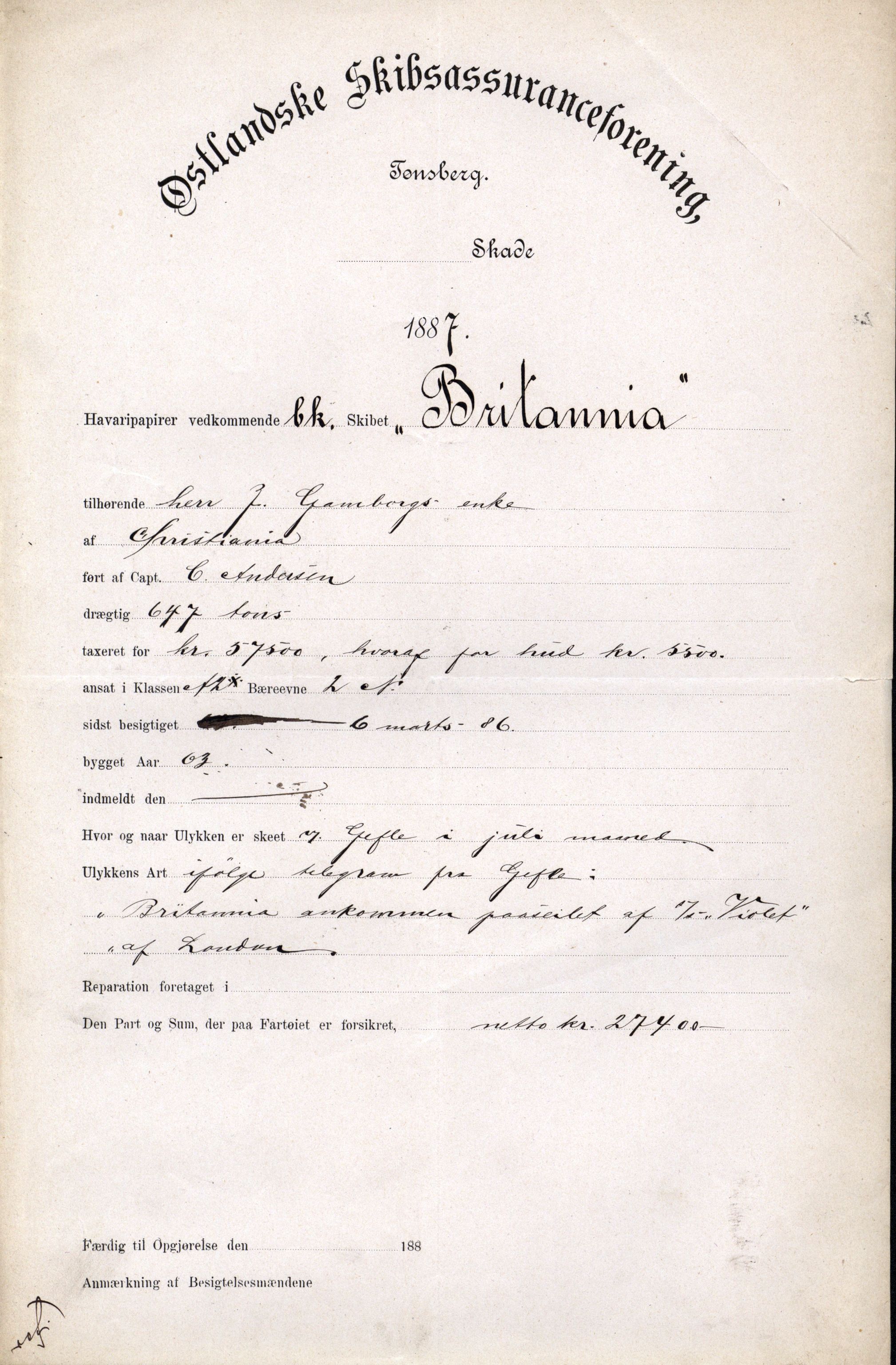 Pa 63 - Østlandske skibsassuranceforening, VEMU/A-1079/G/Ga/L0020/0009: Havaridokumenter / Atlanta, Britania, Electra, Schadberg, 1887, p. 3