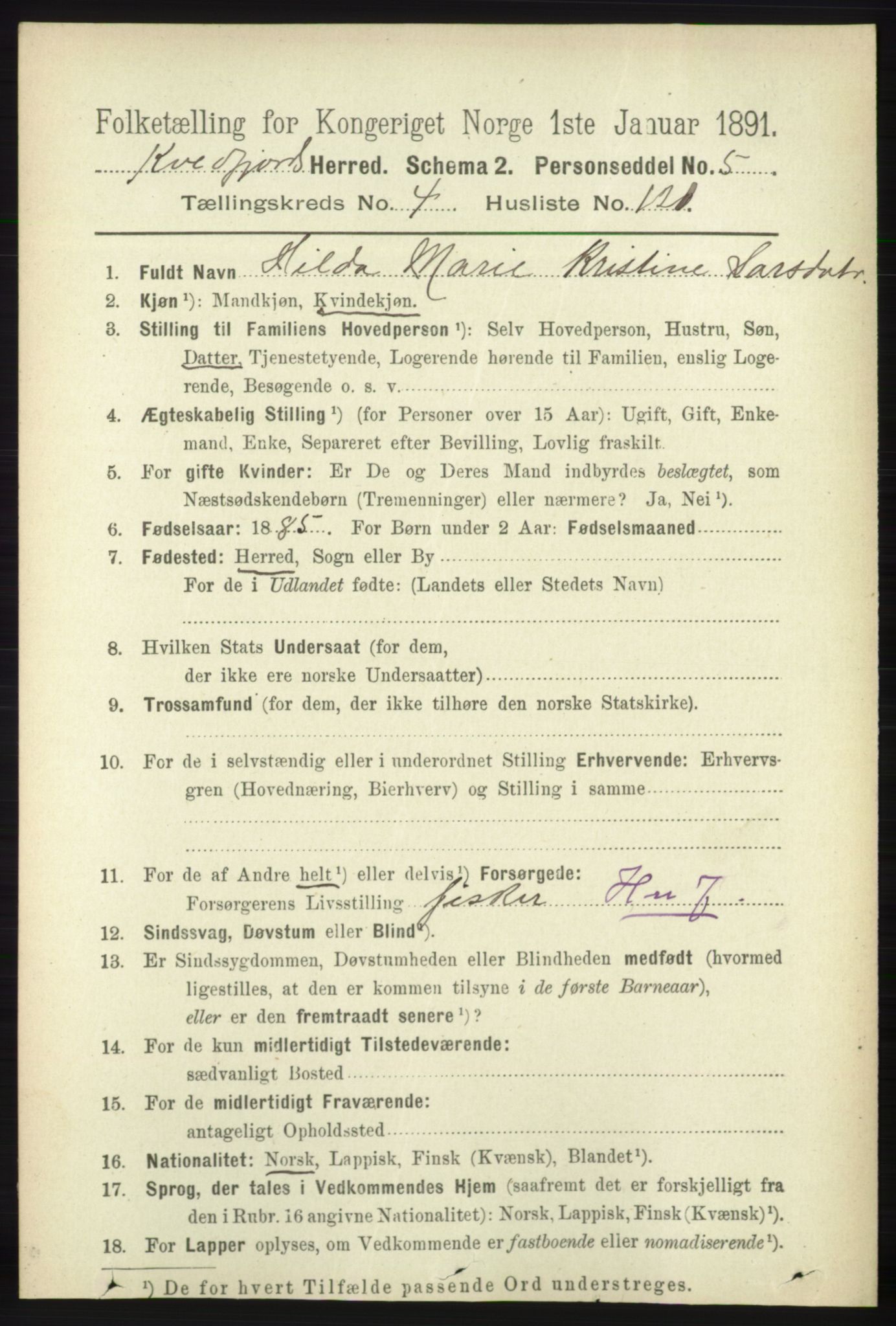 RA, 1891 census for 1911 Kvæfjord, 1891, p. 2665