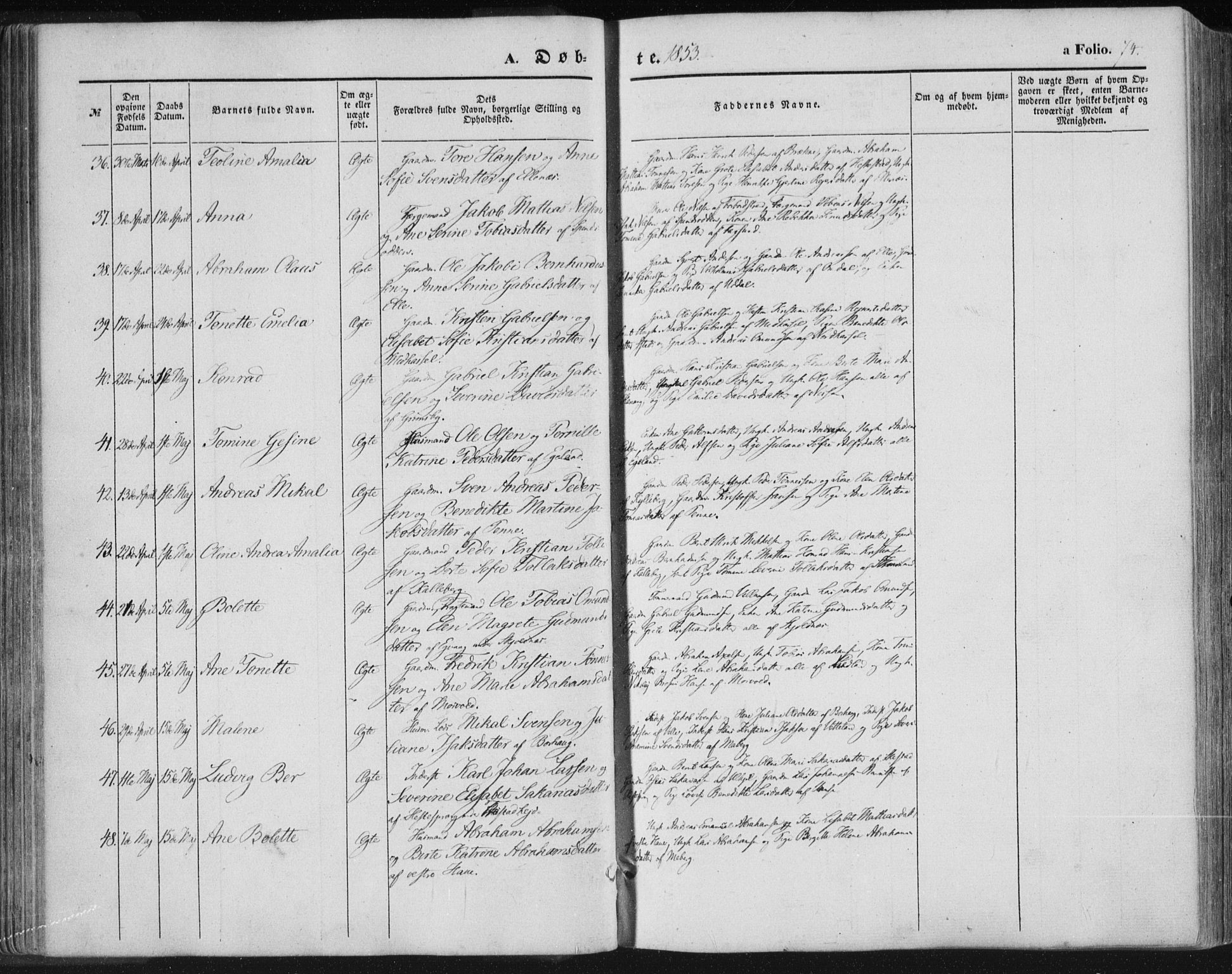 Lista sokneprestkontor, AV/SAK-1111-0027/F/Fa/L0010: Parish register (official) no. A 10, 1846-1861, p. 74