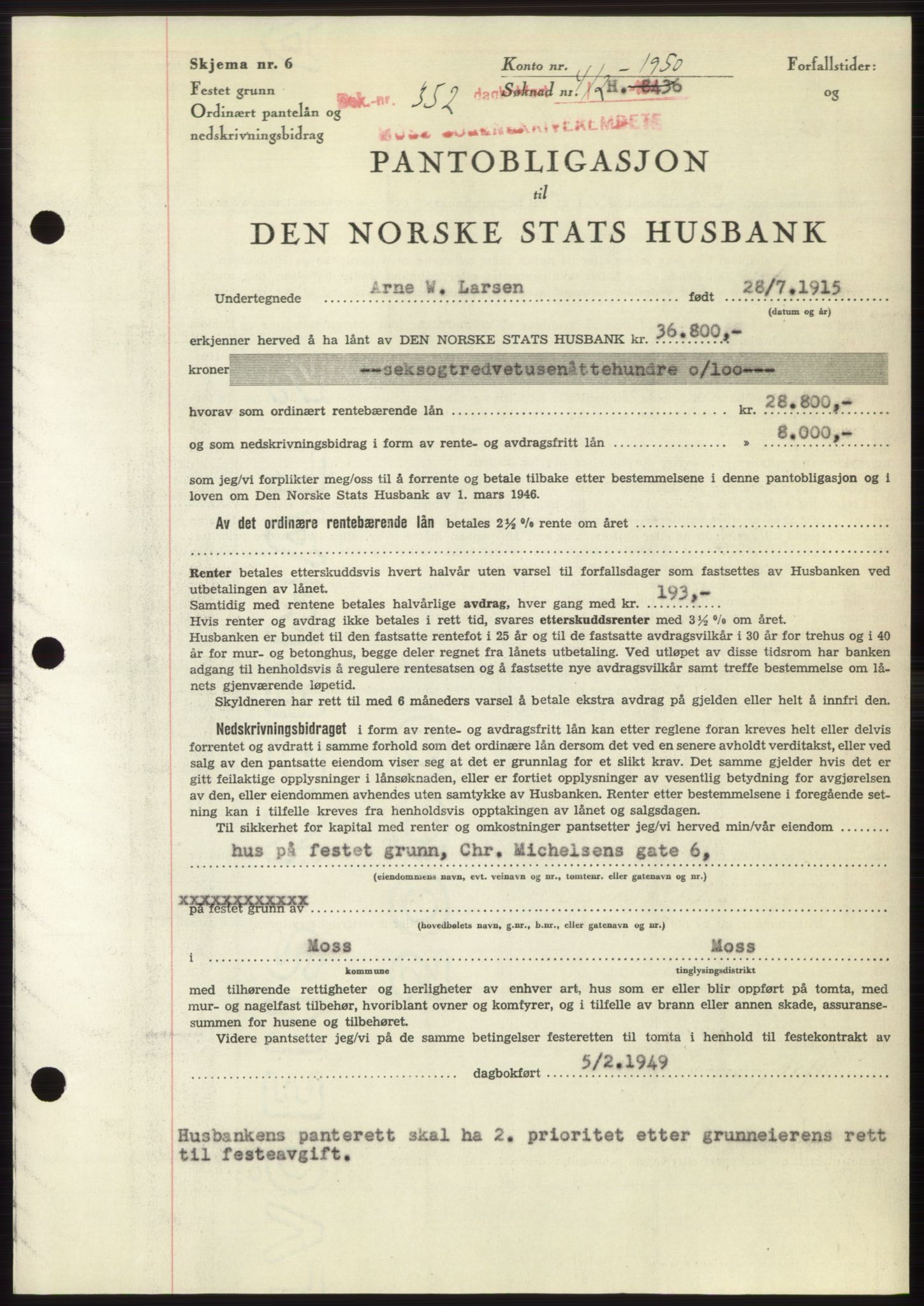 Moss sorenskriveri, SAO/A-10168: Mortgage book no. B23, 1949-1950, Diary no: : 352/1950
