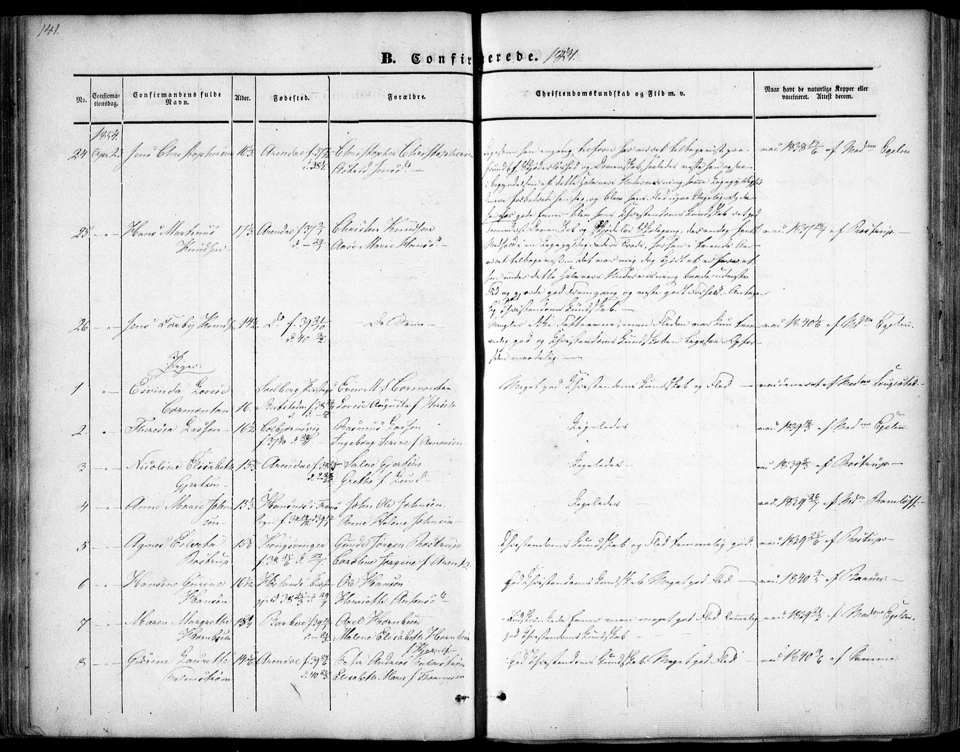 Arendal sokneprestkontor, Trefoldighet, SAK/1111-0040/F/Fa/L0005: Parish register (official) no. A 5, 1838-1854, p. 141