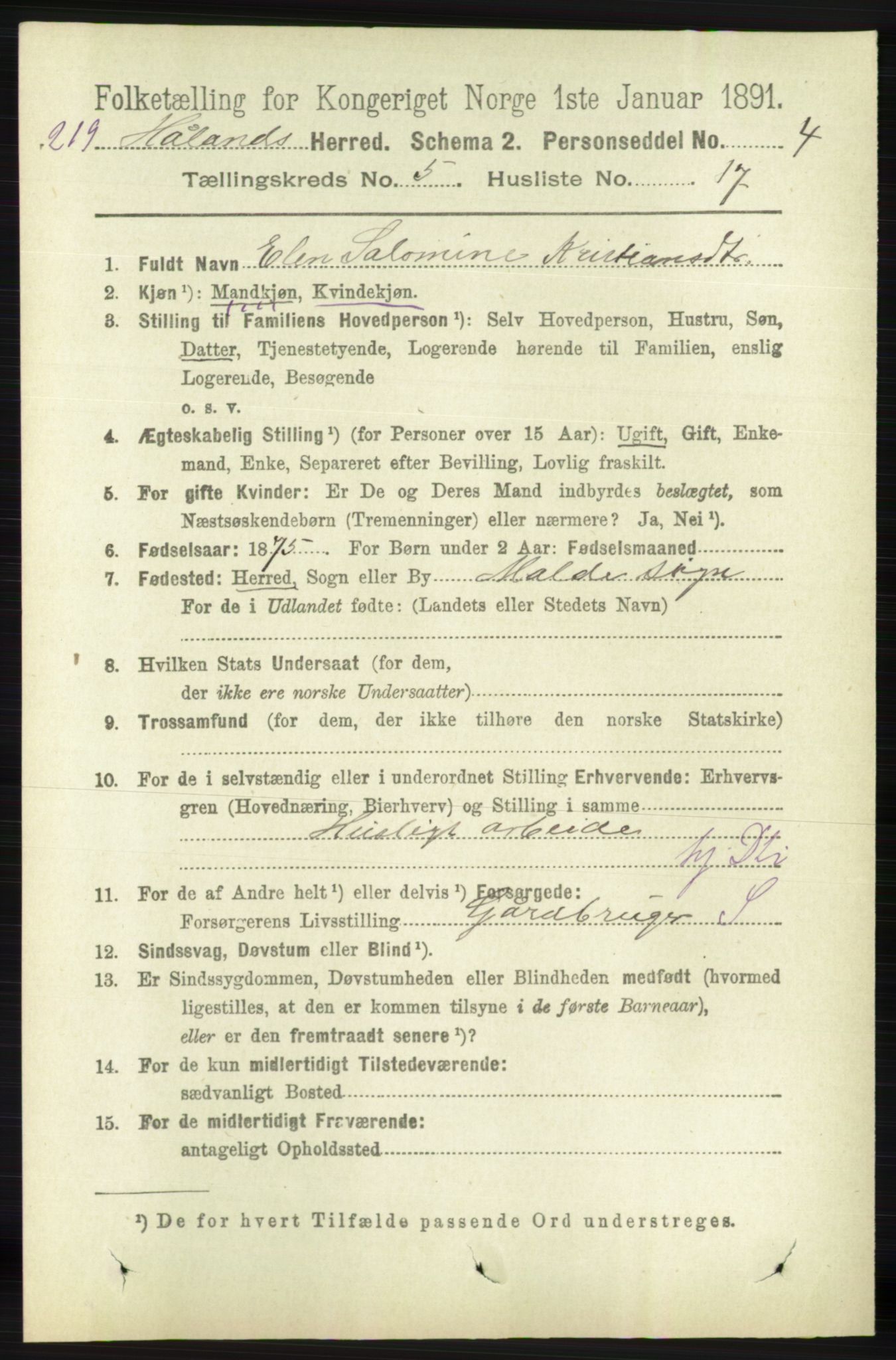 RA, 1891 census for 1124 Haaland, 1891, p. 3386