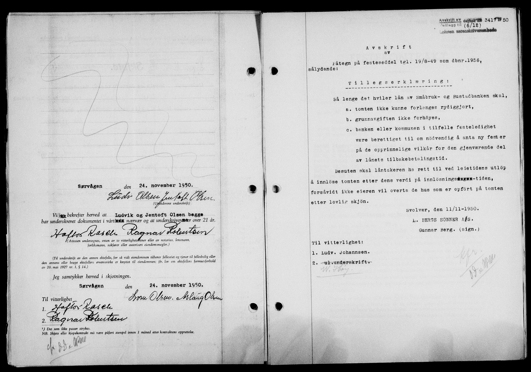 Lofoten sorenskriveri, SAT/A-0017/1/2/2C/L0025a: Mortgage book no. 25a, 1950-1951, Diary no: : 3417/1950