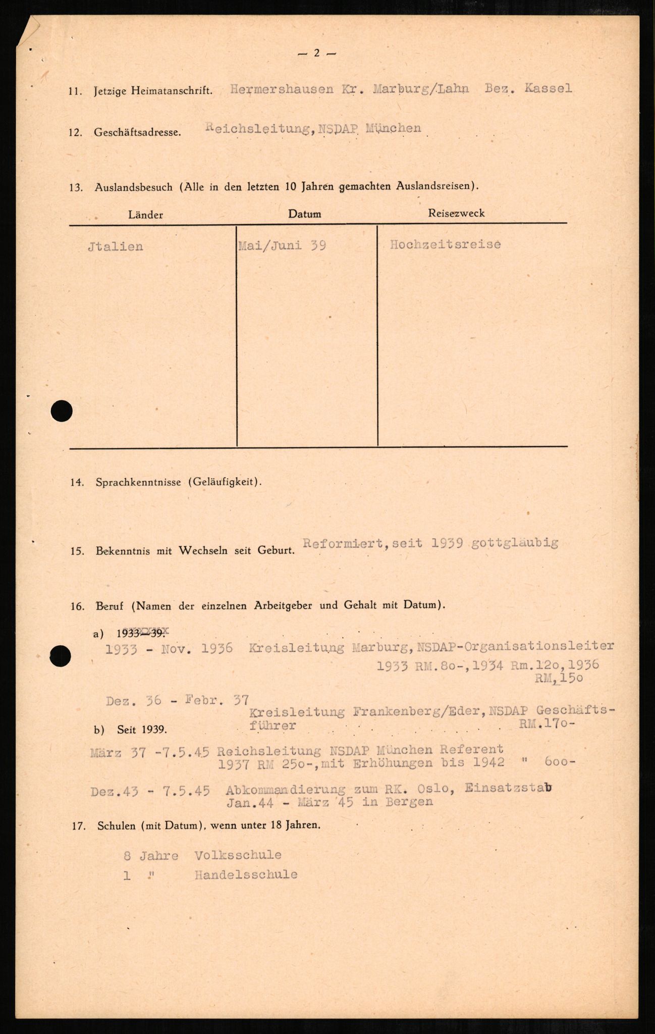 Forsvaret, Forsvarets overkommando II, AV/RA-RAFA-3915/D/Db/L0001: CI Questionaires. Tyske okkupasjonsstyrker i Norge. Tyskere., 1945-1946, p. 80