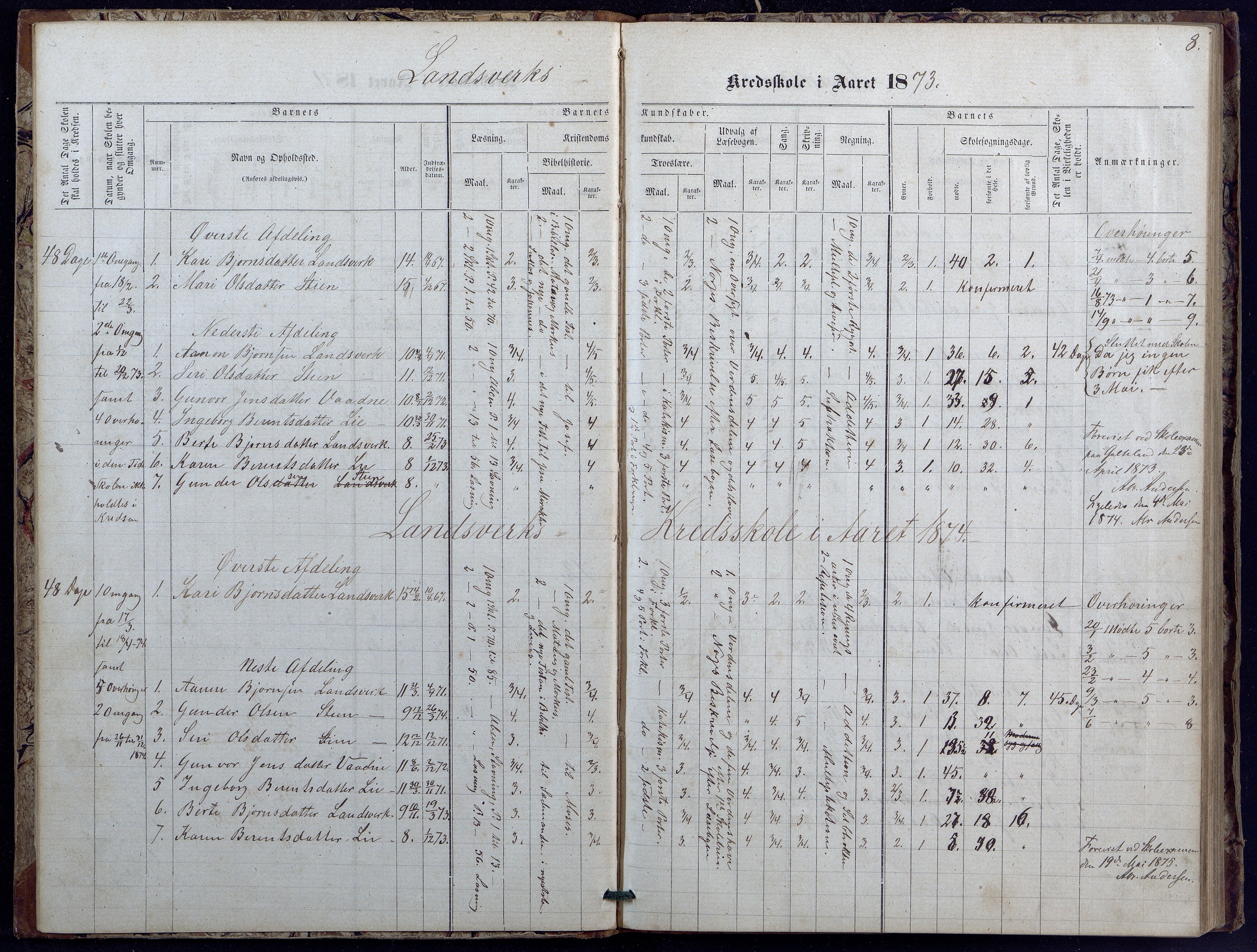 Evje kommune, Landsverk/Omland/Rosseland skolekretser, AAKS/KA0937-550d/F1/L0001: Skoleprotokoll for Landsverk, Omland, Rosseland skolekretser, 1863-1888, p. 8