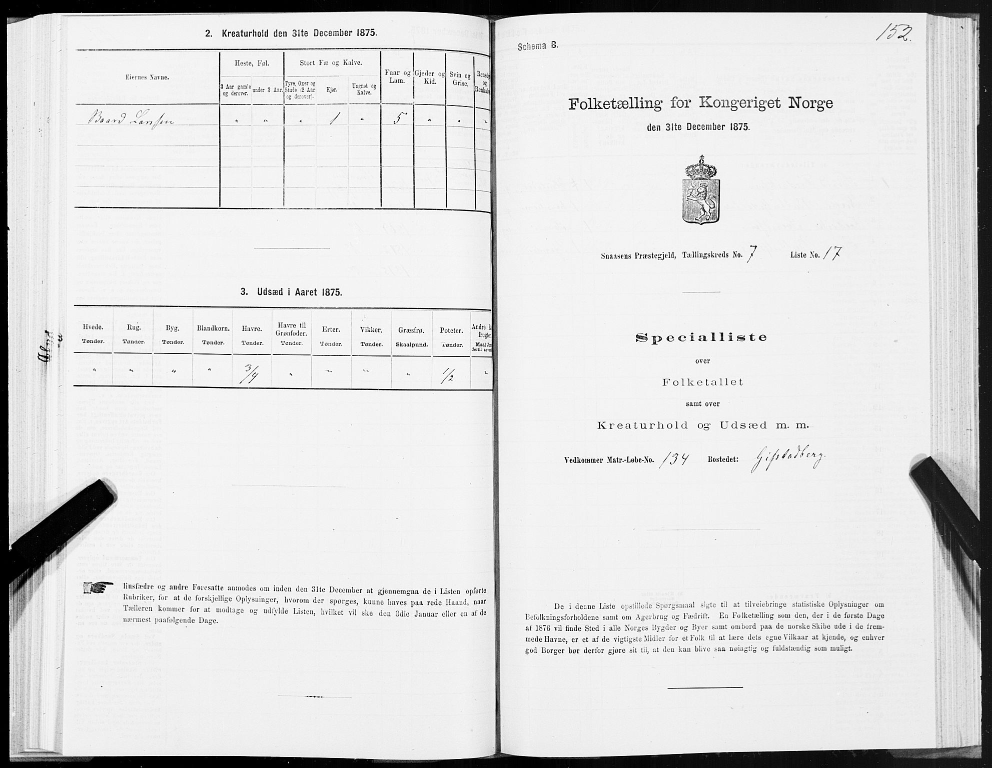 SAT, 1875 census for 1736P Snåsa, 1875, p. 3152