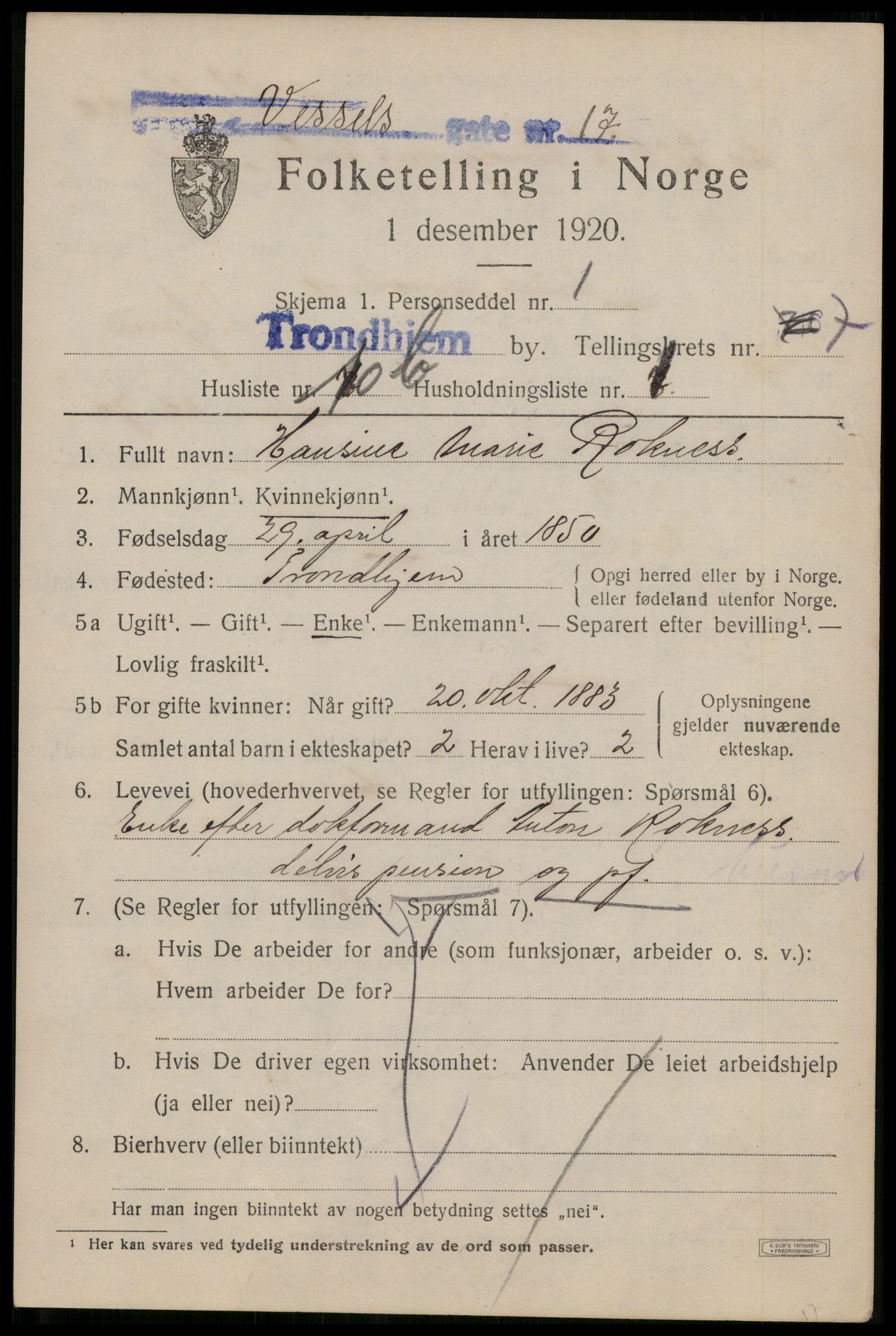 SAT, 1920 census for Trondheim, 1920, p. 132690