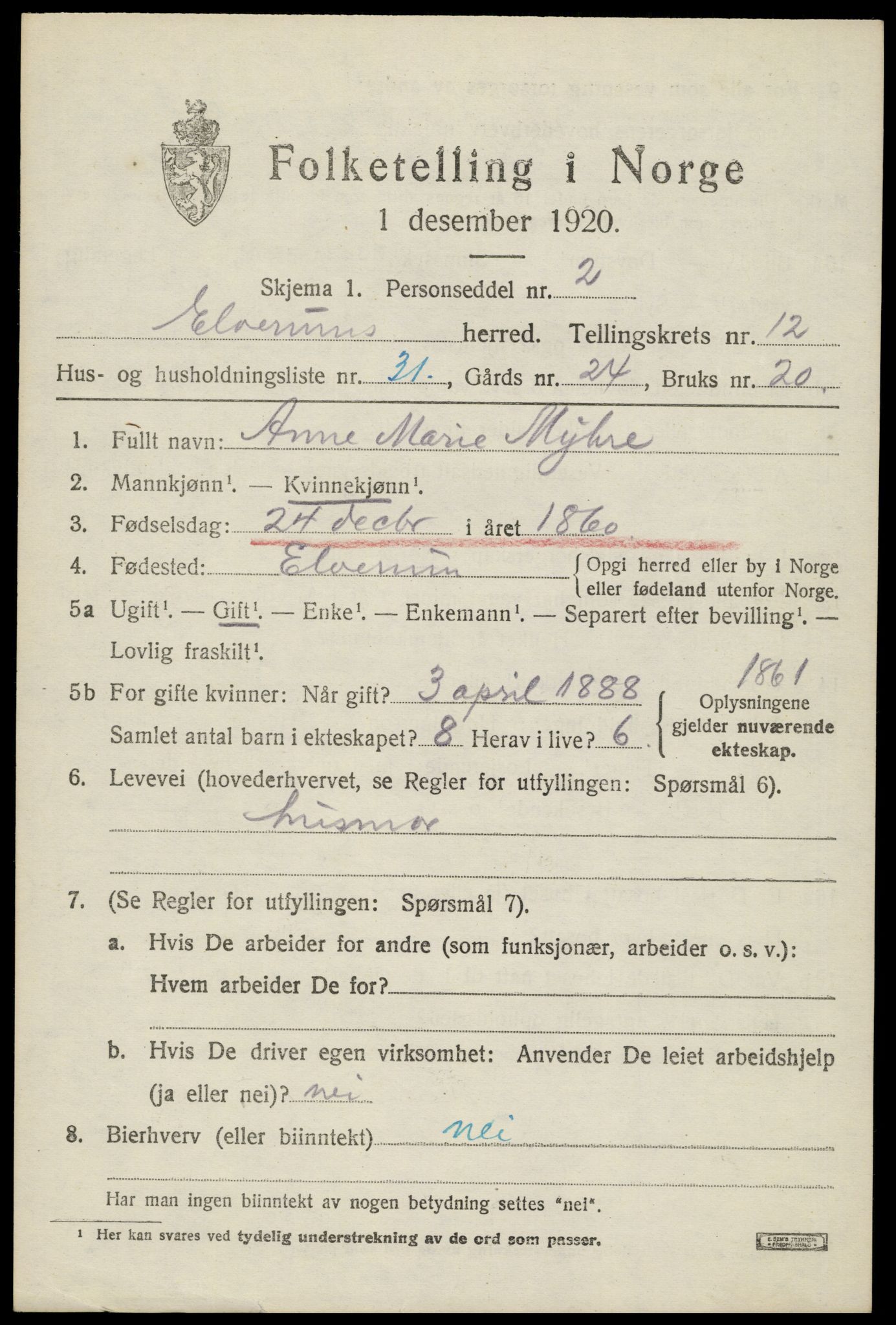 SAH, 1920 census for Elverum, 1920, p. 17268