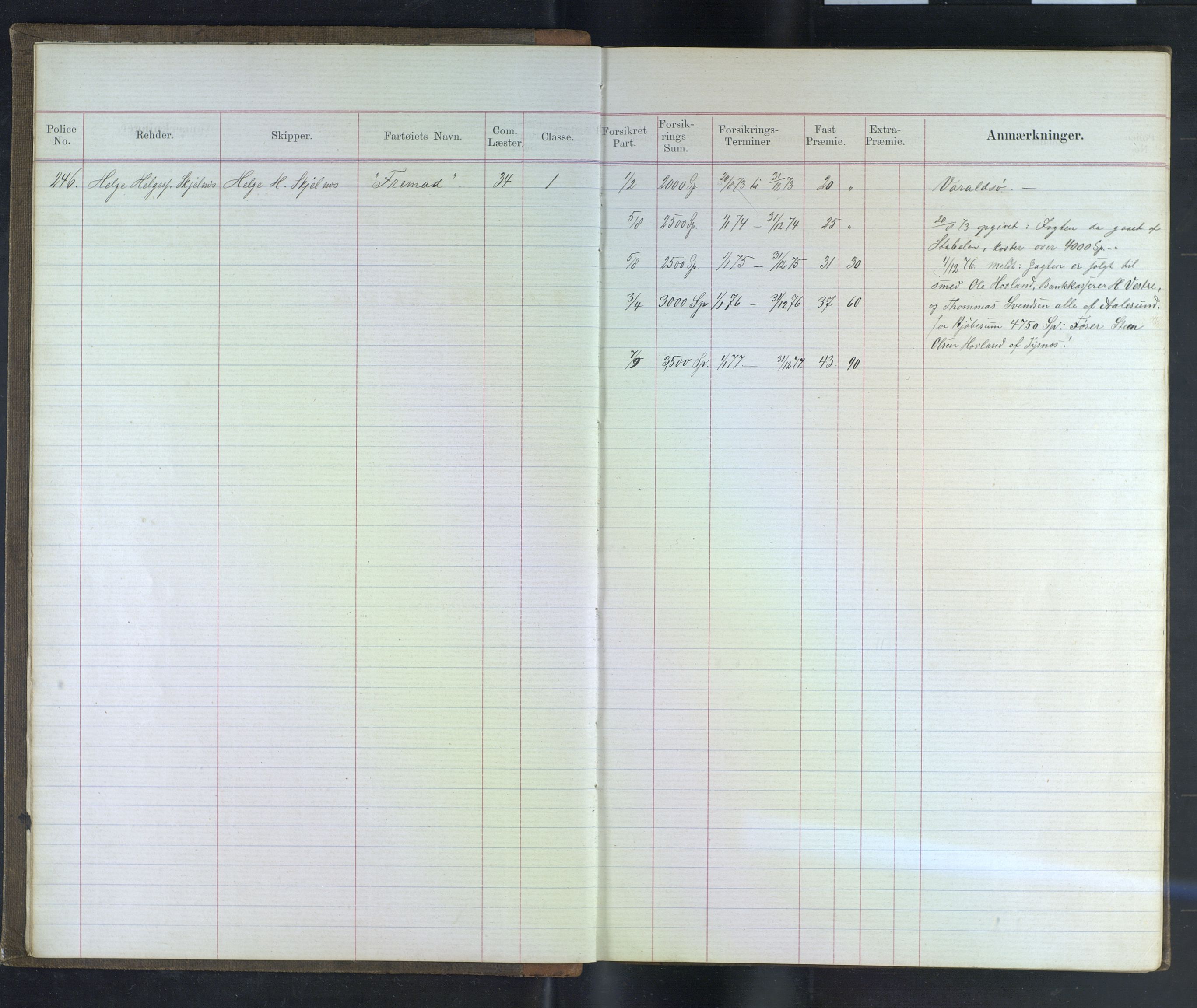 Jondal Skipsassuranseforening, AV/SAB-SAB/PA-0276/E/L0027: Bok over båtar, polisebok, 1873-1877