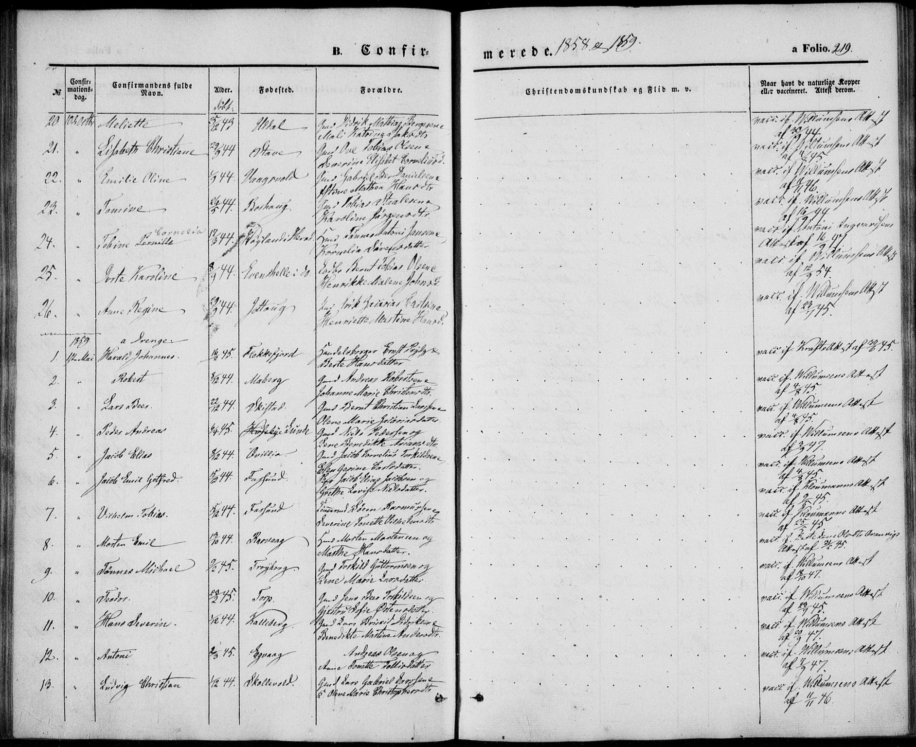 Lista sokneprestkontor, AV/SAK-1111-0027/F/Fb/L0002: Parish register (copy) no. B 2, 1847-1862, p. 219