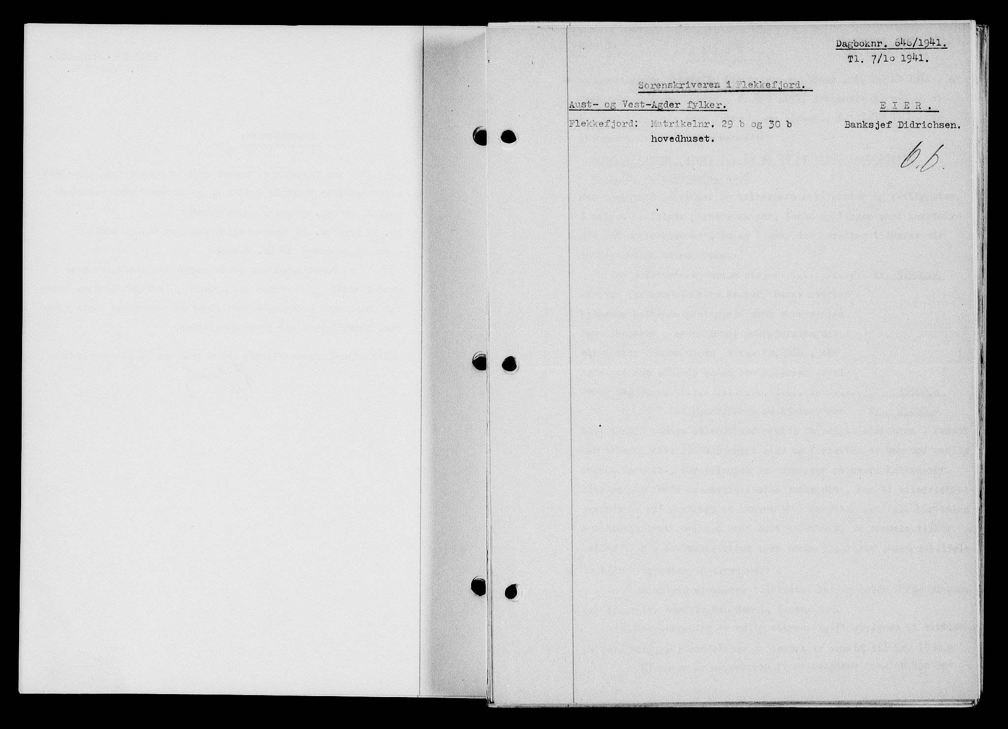 Flekkefjord sorenskriveri, AV/SAK-1221-0001/G/Gb/Gba/L0057: Mortgage book no. A-5, 1941-1942, Diary no: : 646/1941