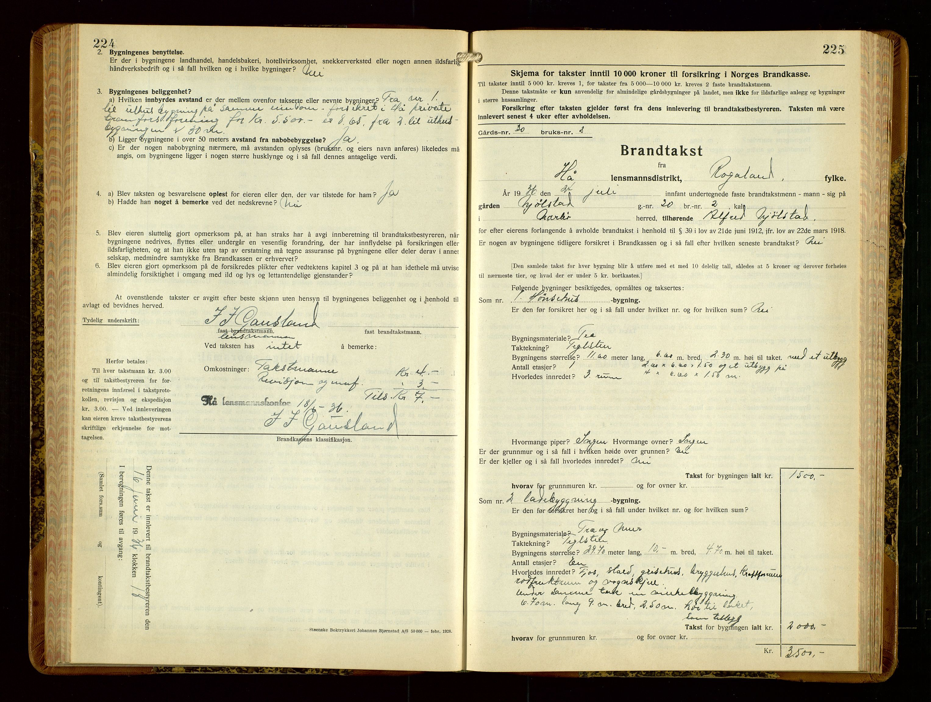 Hå lensmannskontor, AV/SAST-A-100456/Goa/L0006: Takstprotokoll (skjema), 1932-1938, p. 224-225