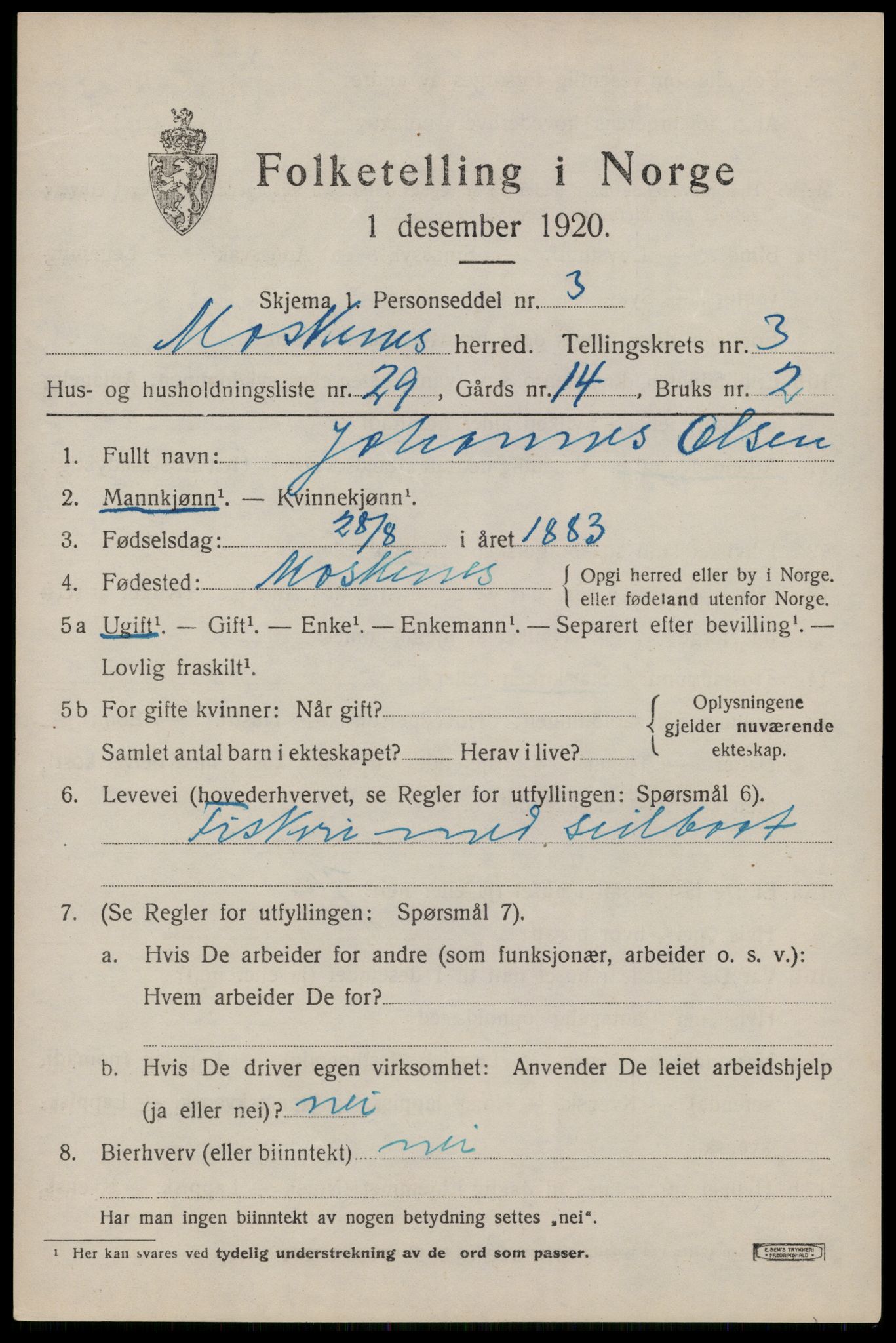 SAT, 1920 census for Moskenes, 1920, p. 2074