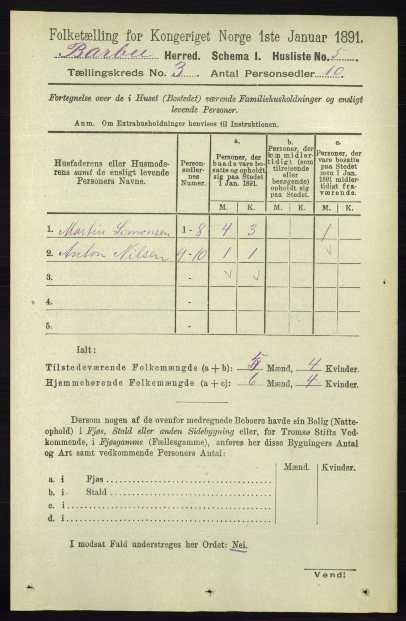 RA, 1891 census for 0990 Barbu, 1891, p. 1394