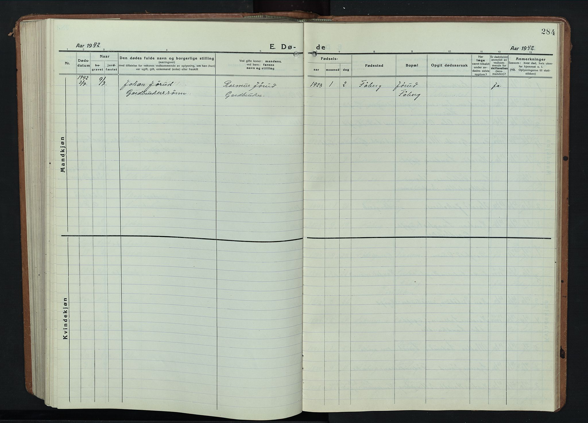 Fåberg prestekontor, AV/SAH-PREST-086/H/Ha/Hab/L0014: Parish register (copy) no. 14, 1922-1946, p. 284