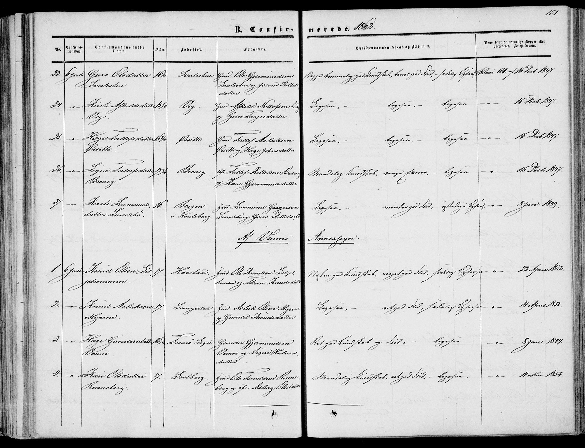 Fyresdal kirkebøker, SAKO/A-263/F/Fa/L0005: Parish register (official) no. I 5, 1855-1871, p. 151