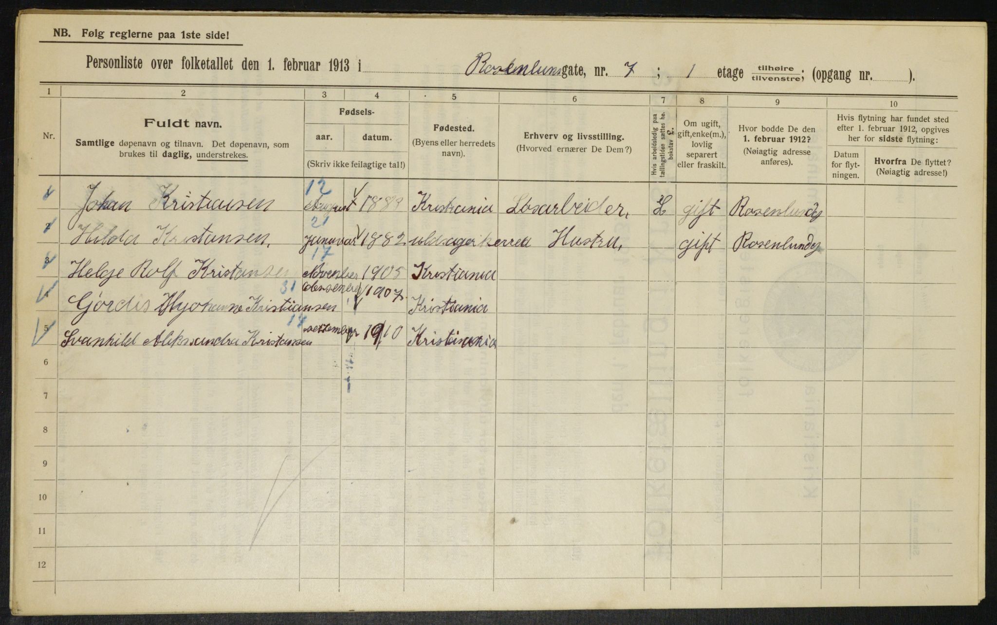 OBA, Municipal Census 1913 for Kristiania, 1913, p. 84030