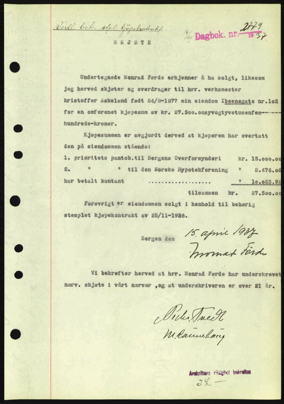 Byfogd og Byskriver i Bergen, SAB/A-3401/03/03Bc/L0004: Mortgage book no. A3-4, 1936-1937, Diary no: : 2779/1937