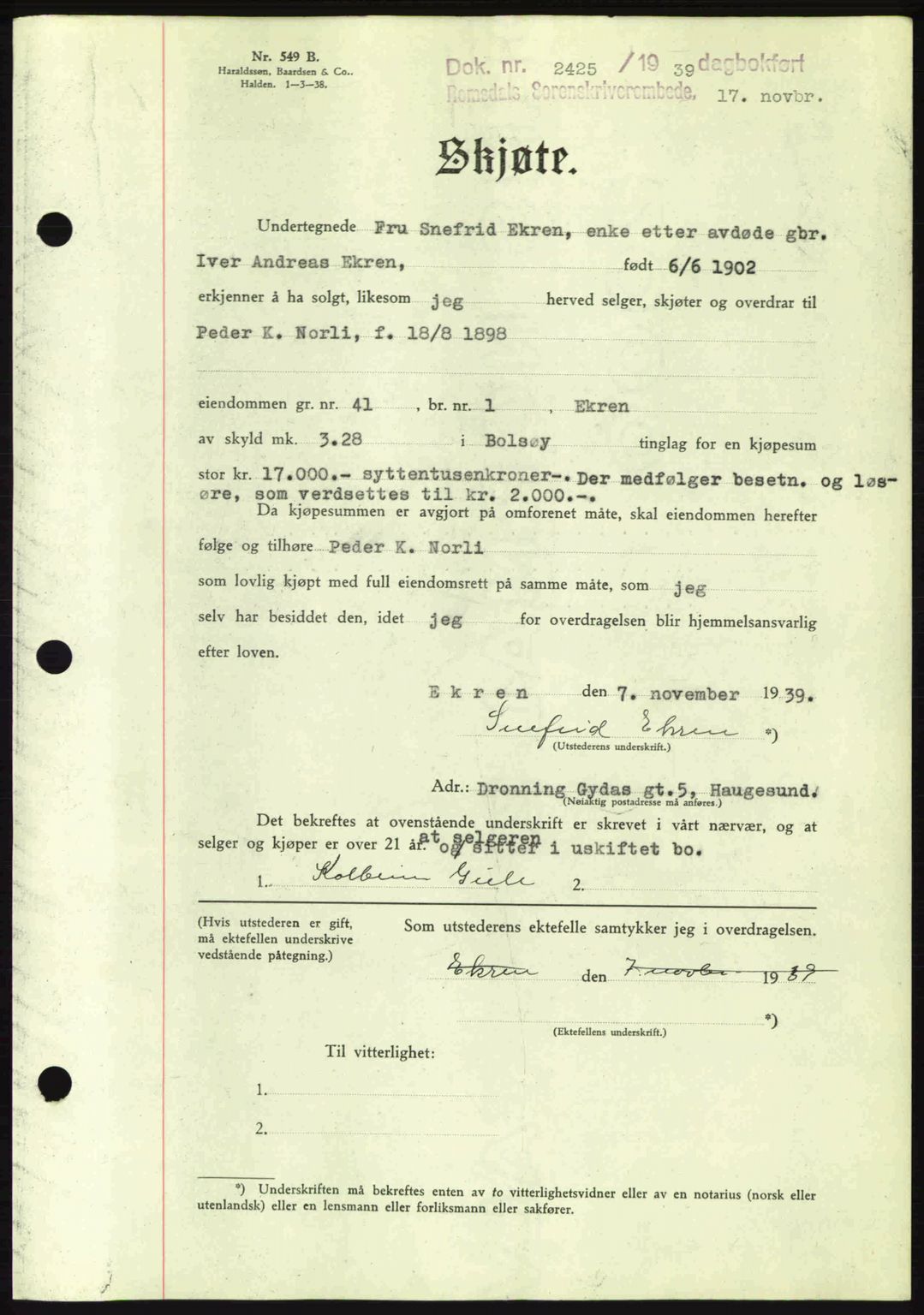 Romsdal sorenskriveri, AV/SAT-A-4149/1/2/2C: Mortgage book no. A7, 1939-1939, Diary no: : 2425/1939