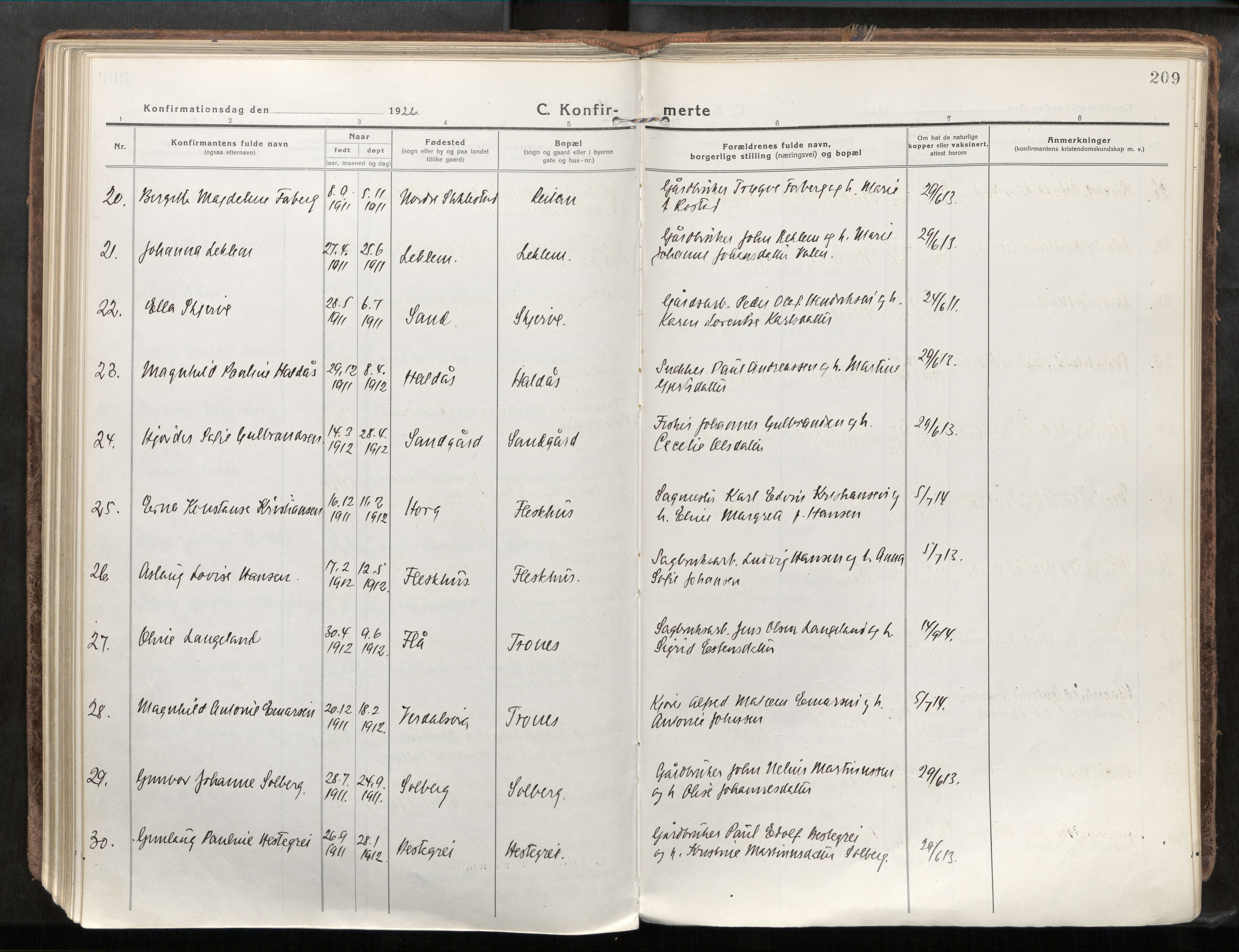 Verdal sokneprestkontor, AV/SAT-A-1156/2/H/Haa/L0001: Parish register (official) no. 1, 1917-1932, p. 209