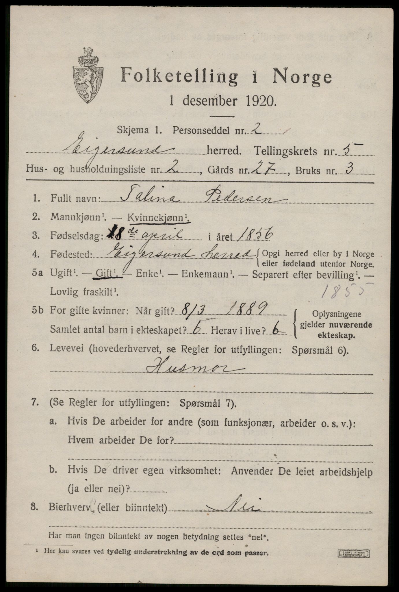 SAST, 1920 census for Eigersund, 1920, p. 3609