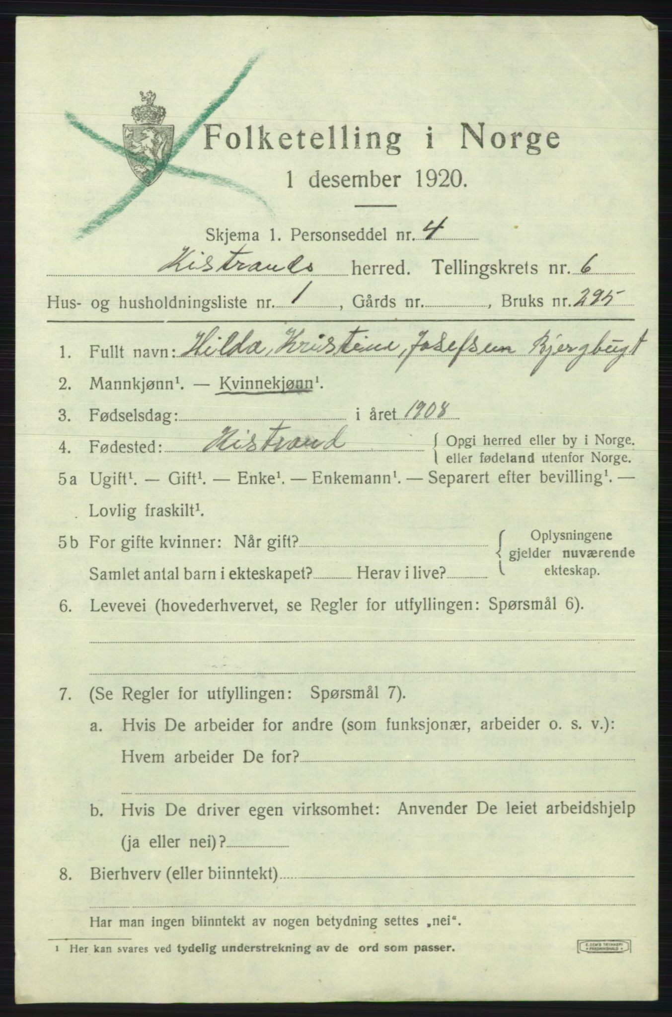 SATØ, 1920 census for Kistrand, 1920, p. 3620