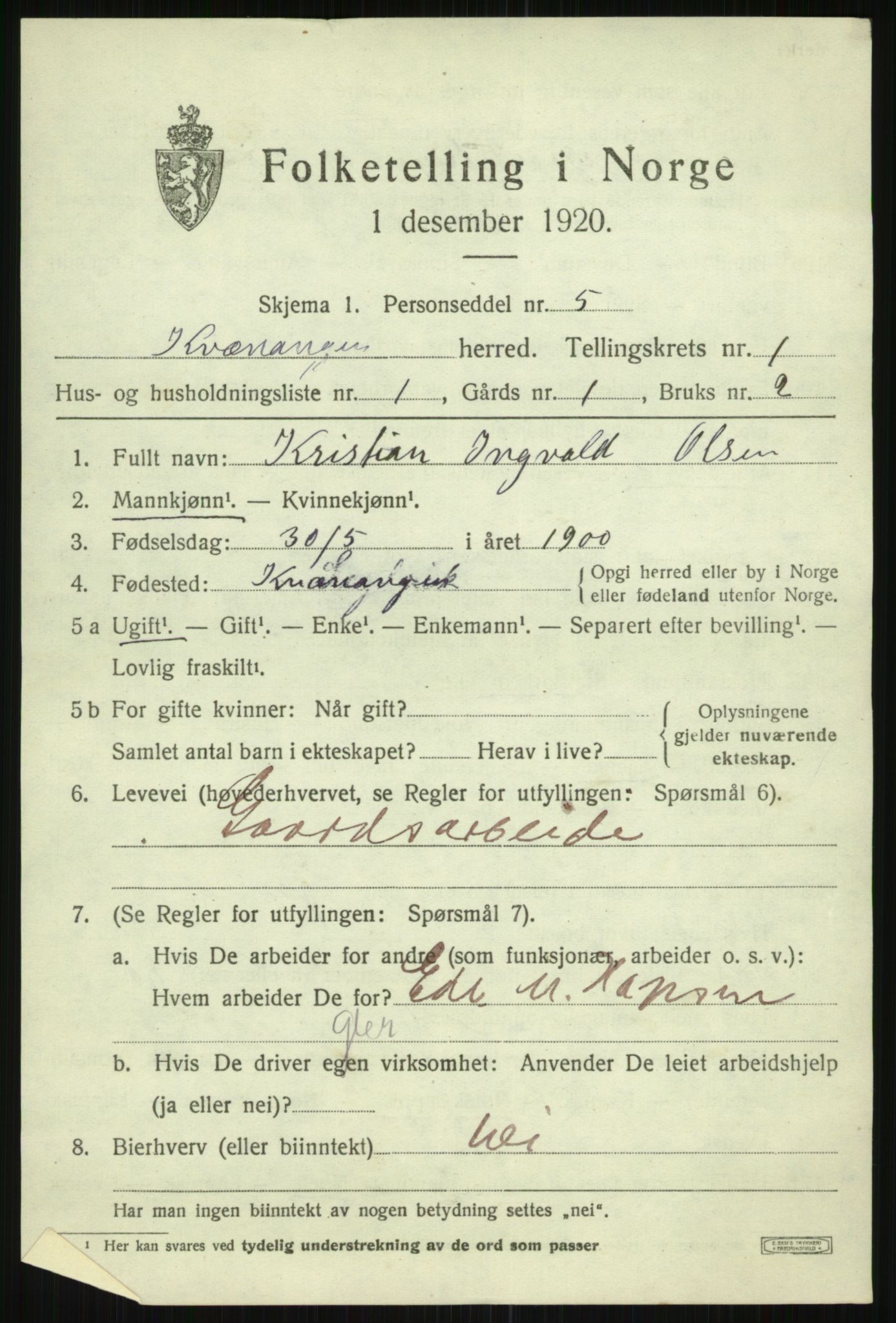 SATØ, 1920 census for Kvænangen, 1920, p. 608