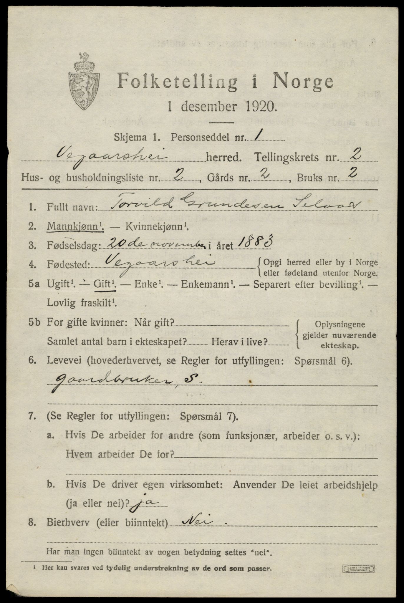 SAK, 1920 census for Vegårshei, 1920, p. 1224