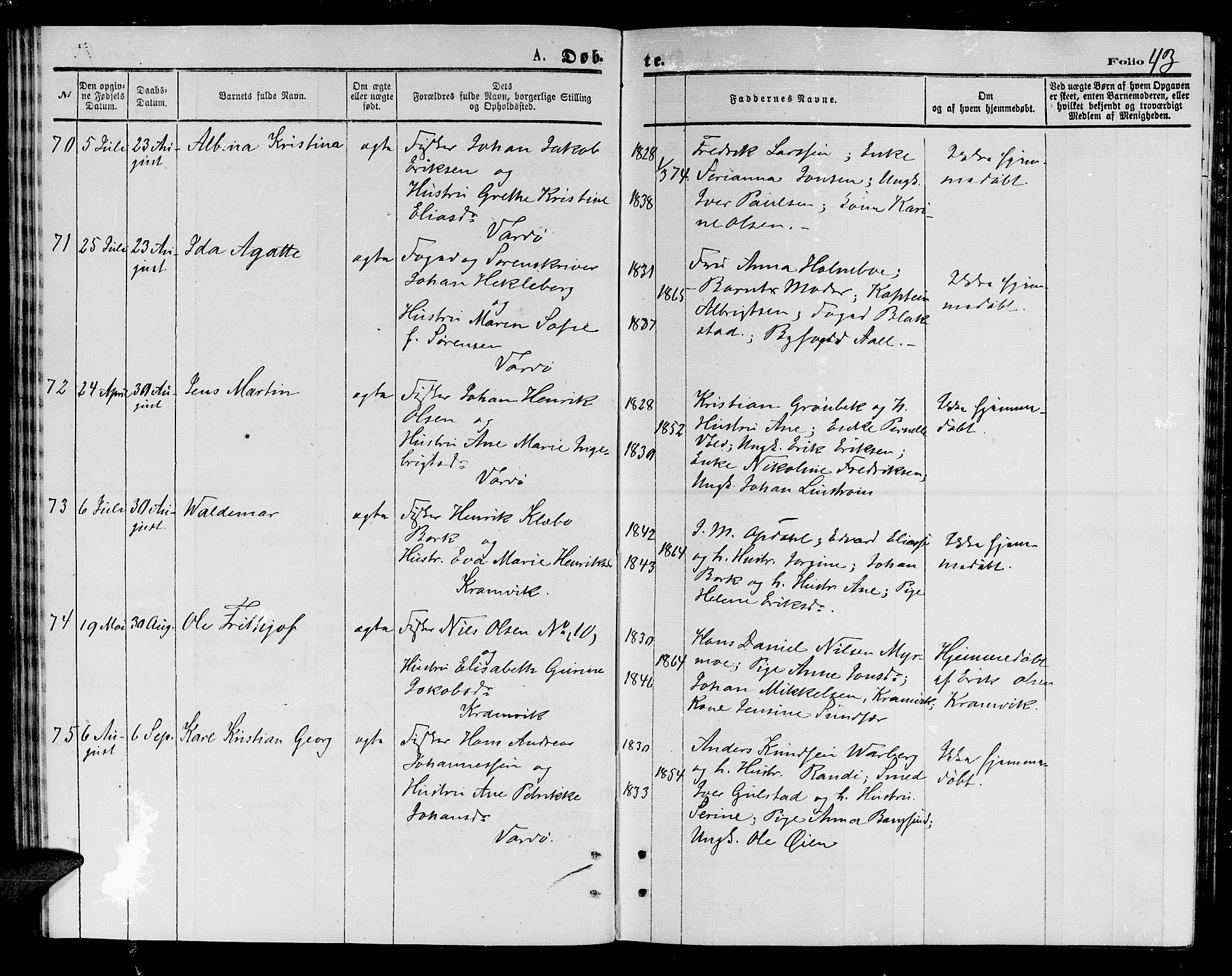 Vardø sokneprestkontor, AV/SATØ-S-1332/H/Hb/L0003klokker: Parish register (copy) no. 3, 1871-1878, p. 43