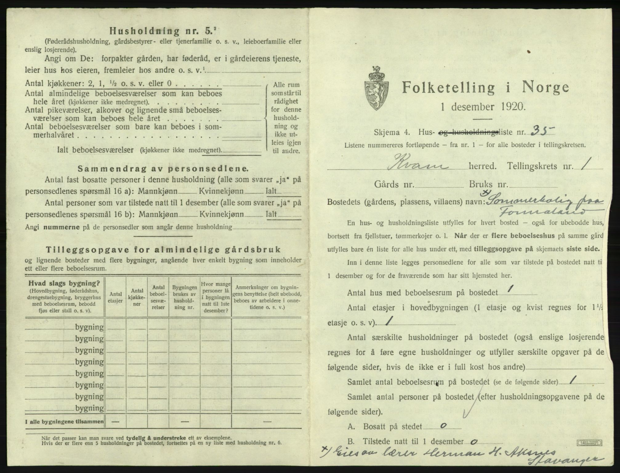 SAB, 1920 census for Kvam, 1920, p. 130