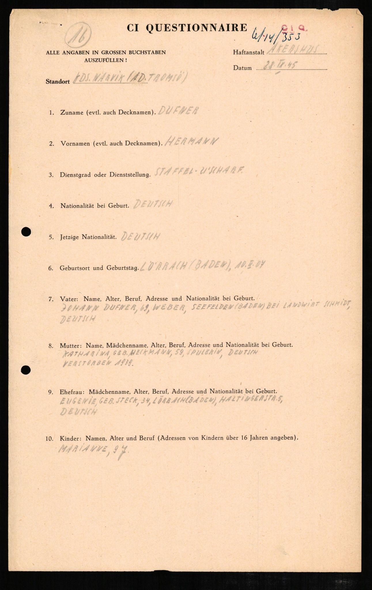 Forsvaret, Forsvarets overkommando II, AV/RA-RAFA-3915/D/Db/L0006: CI Questionaires. Tyske okkupasjonsstyrker i Norge. Tyskere., 1945-1946, p. 289