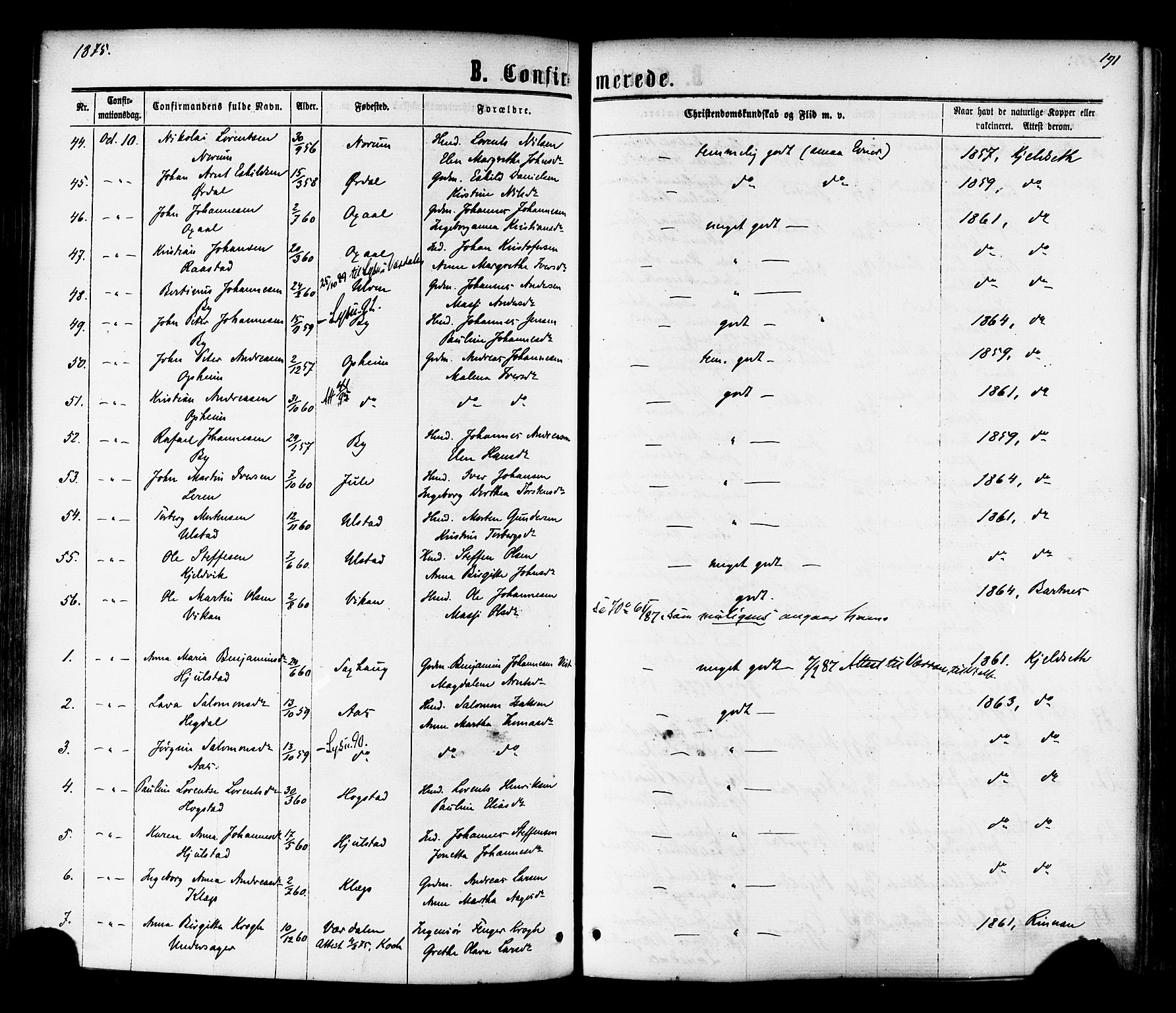 Ministerialprotokoller, klokkerbøker og fødselsregistre - Nord-Trøndelag, AV/SAT-A-1458/730/L0284: Parish register (official) no. 730A09, 1866-1878, p. 191