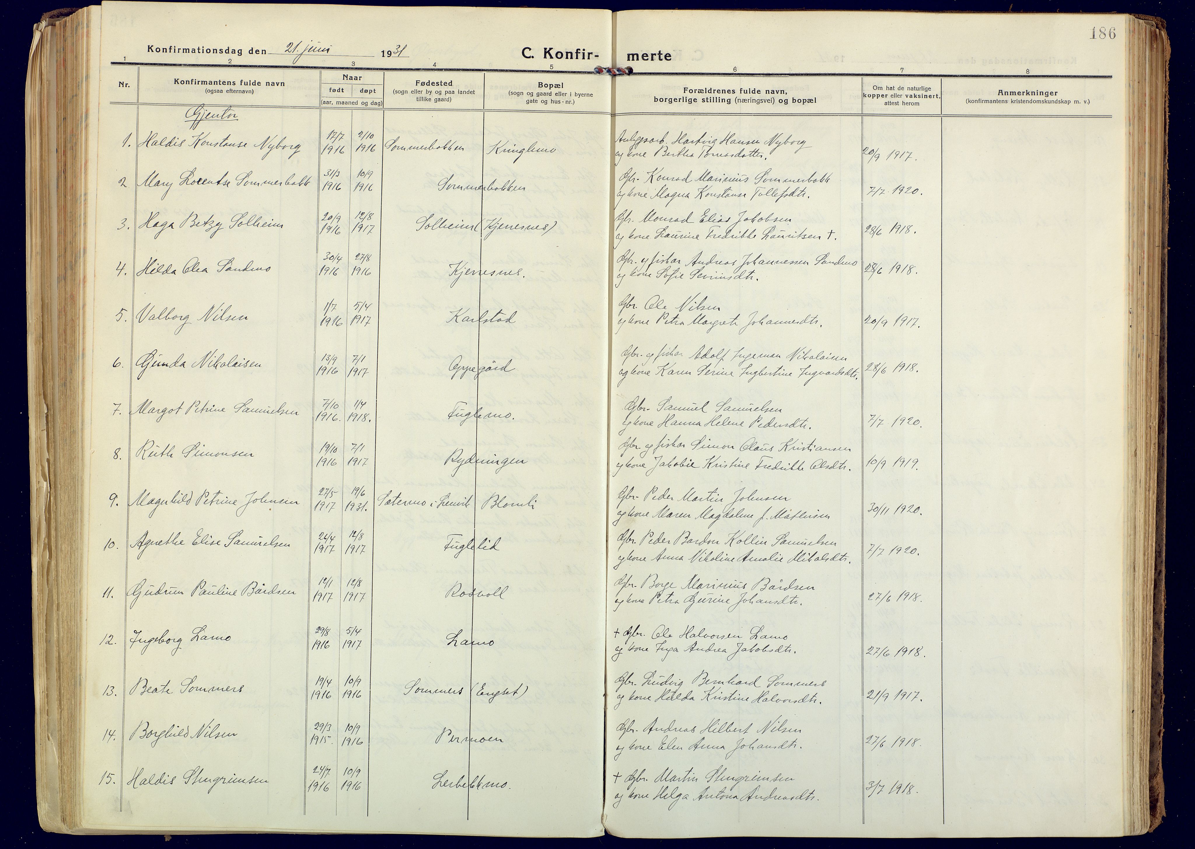 Målselv sokneprestembete, SATØ/S-1311/G/Ga/Gaa/L0014kirke: Parish register (official) no. 14, 1919-1932, p. 186