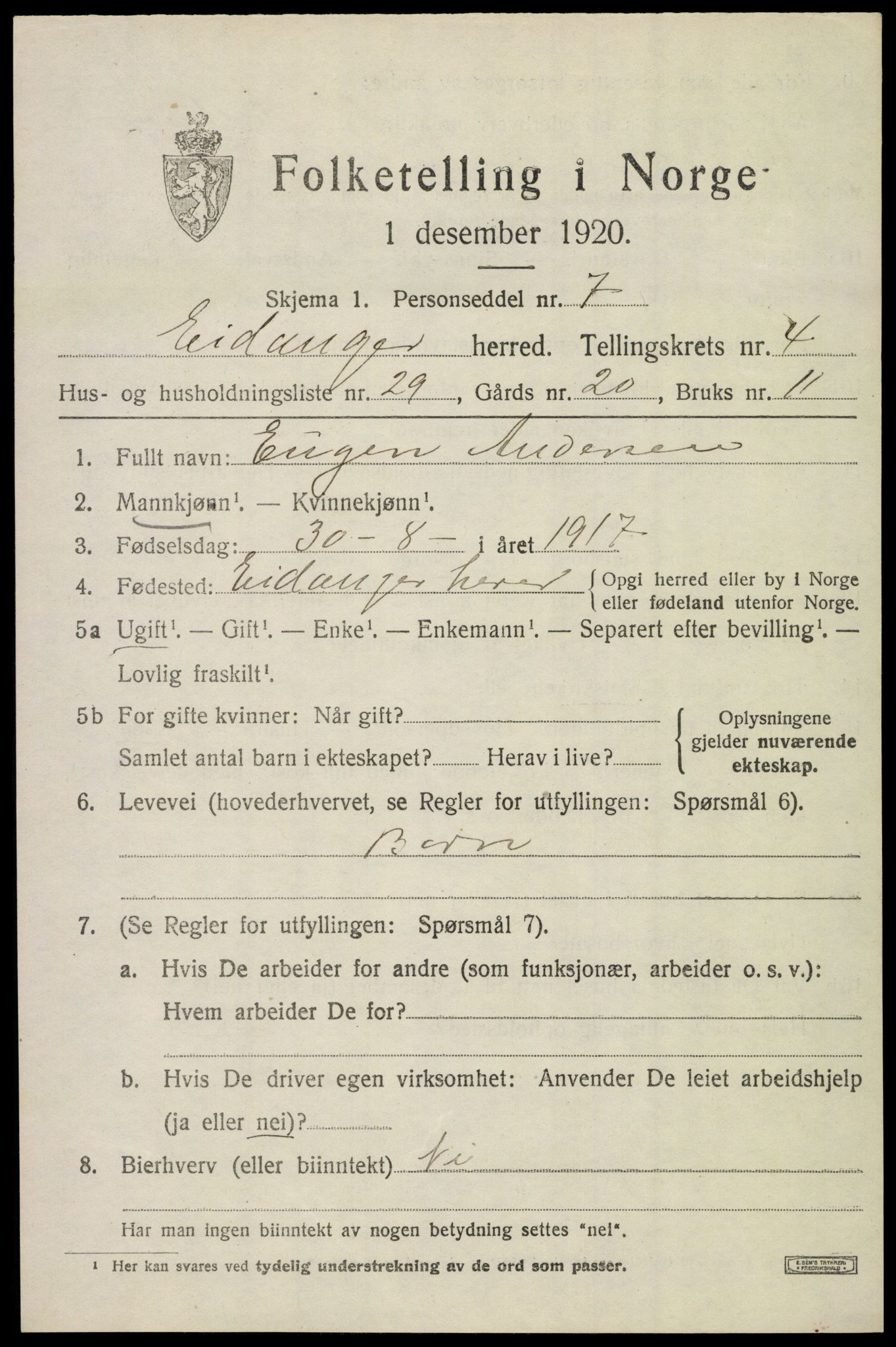 SAKO, 1920 census for Eidanger, 1920, p. 4112