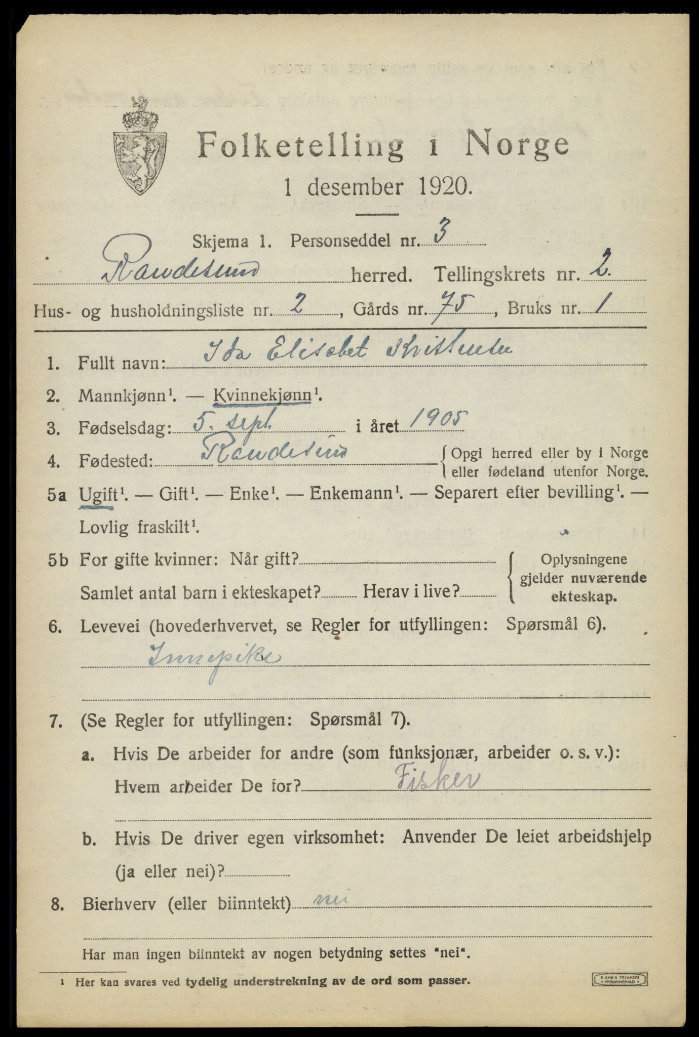 SAK, 1920 census for Randesund, 1920, p. 1098