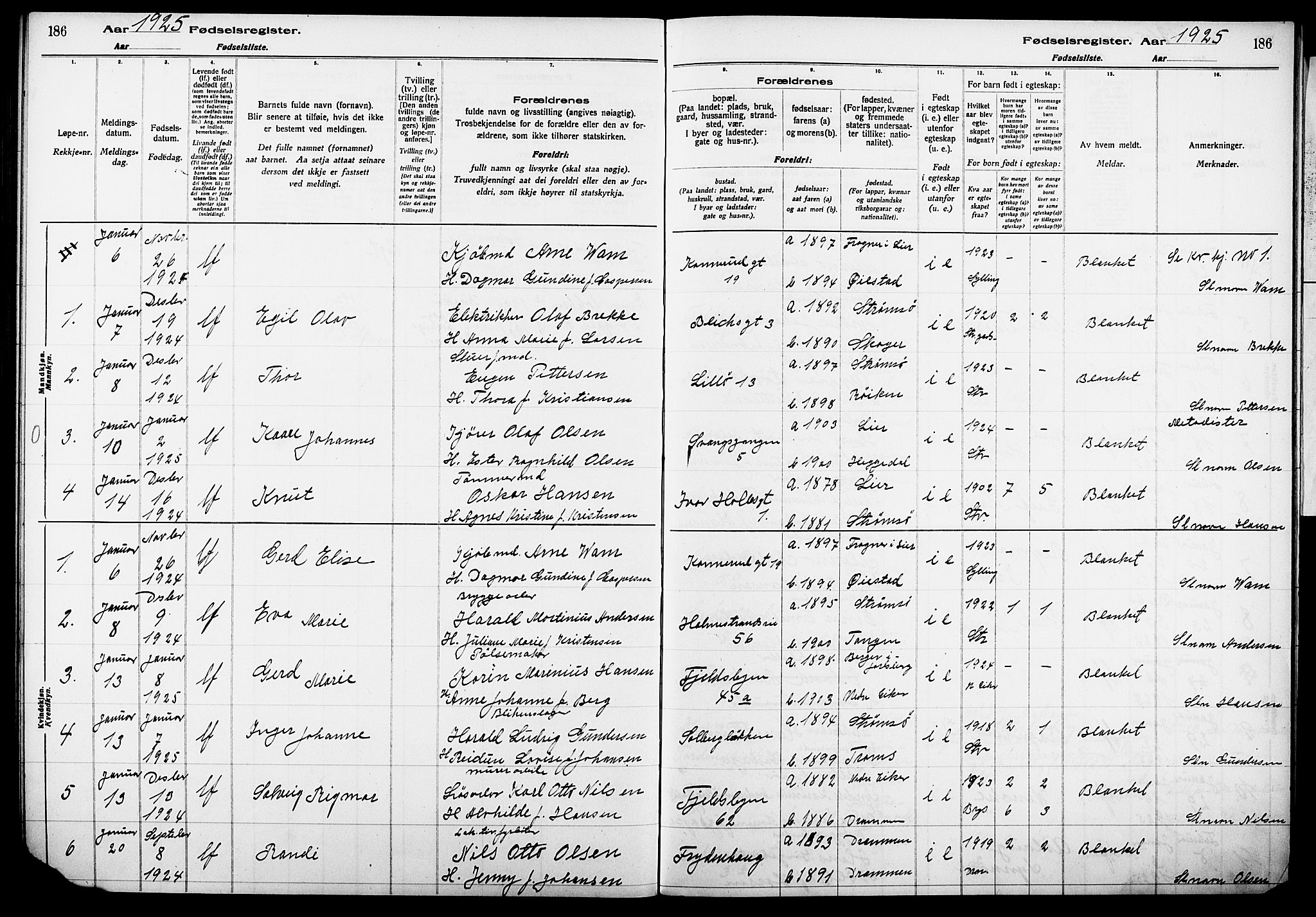 Strømsø kirkebøker, AV/SAKO-A-246/J/Ja/L0001: Birth register no. I 1, 1916-1925, p. 186